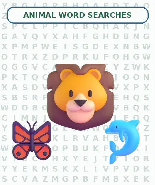 Lion, butterfly, and dolphin over an animal word search