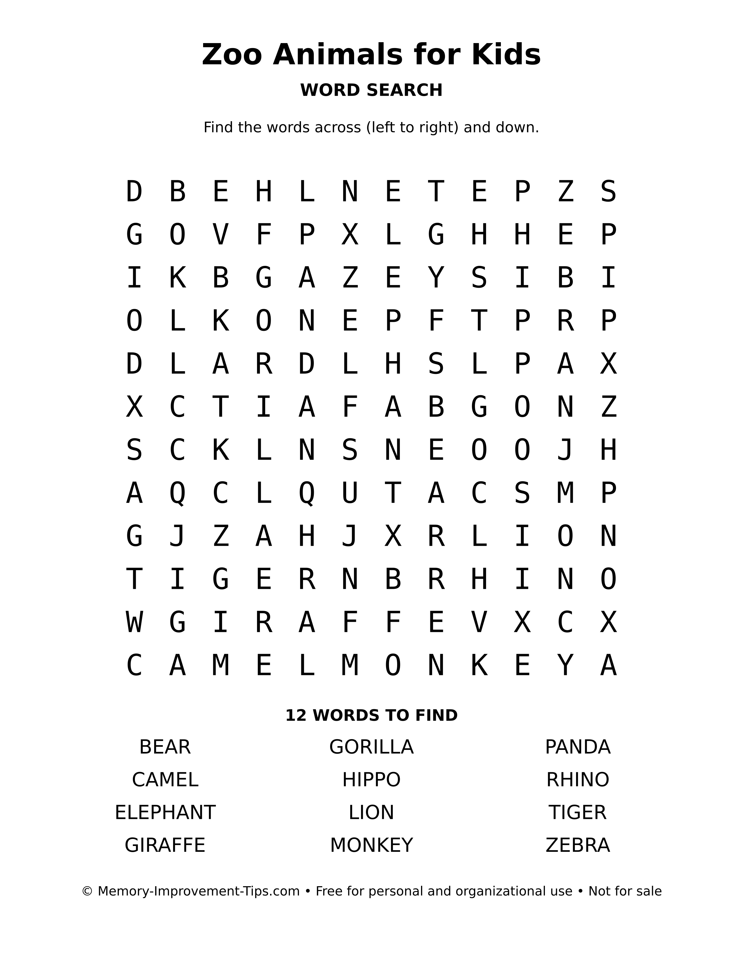 Printable puzzle: Zoo Animals for Kids word search