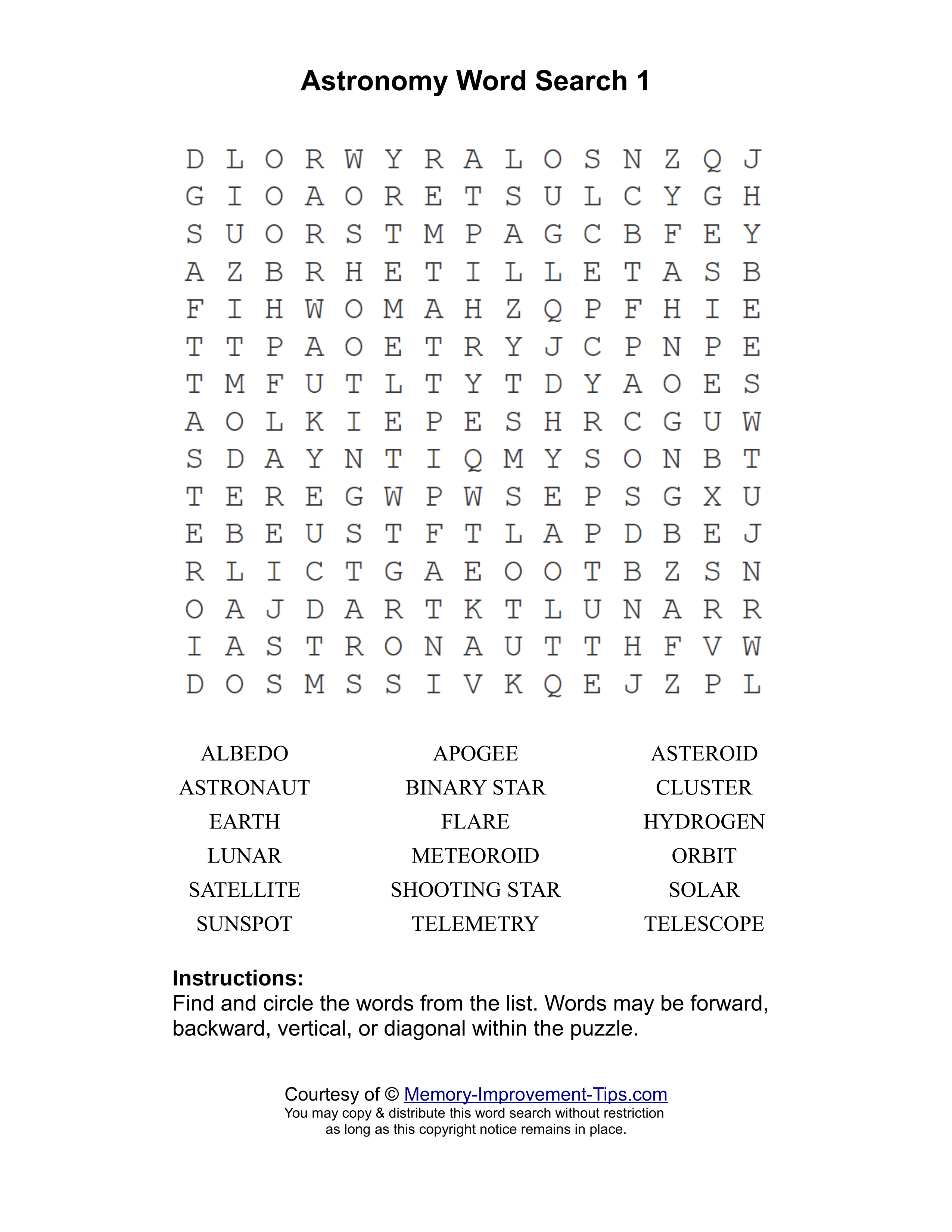 Astronomy 1 word search printable puzzle