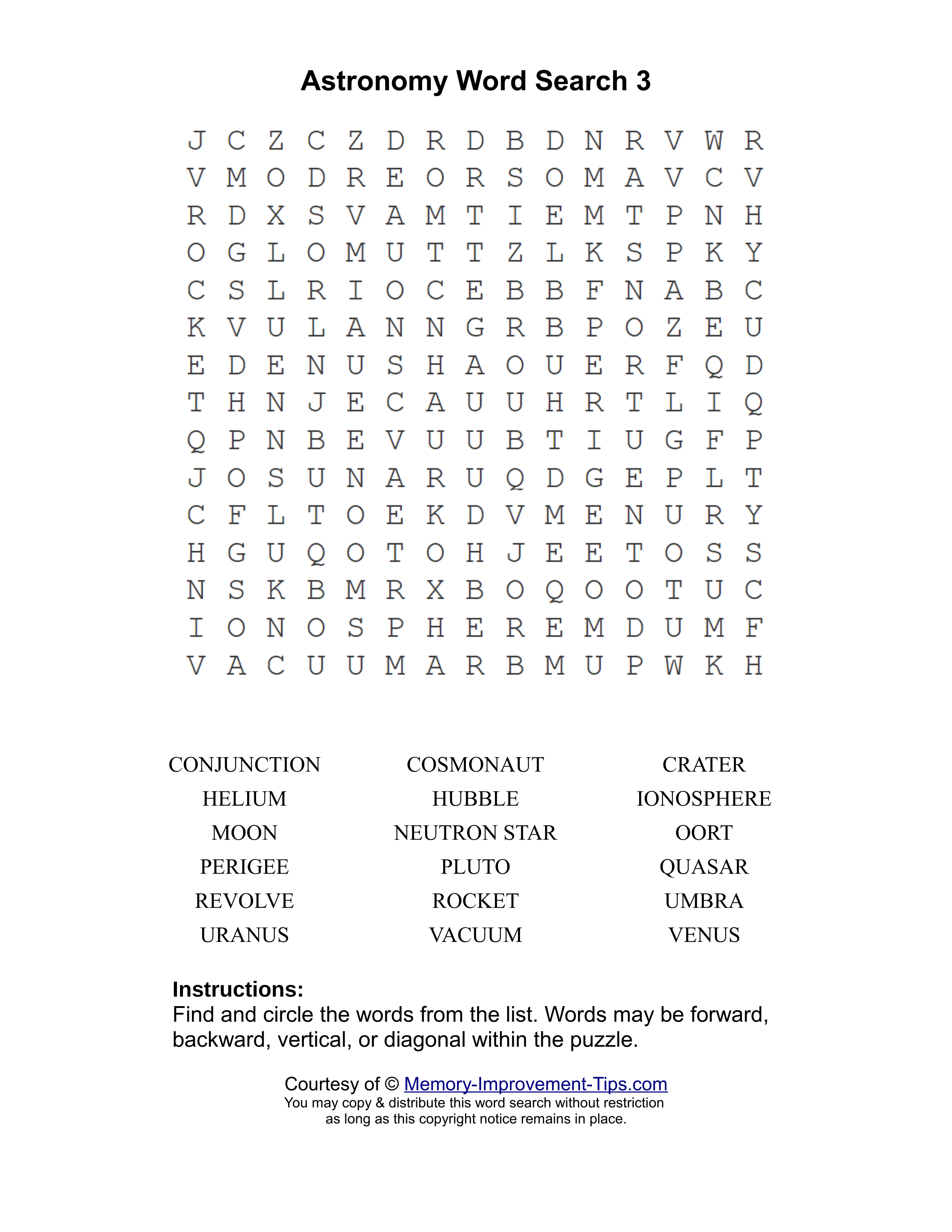 Astronomy 3 word search printable puzzle