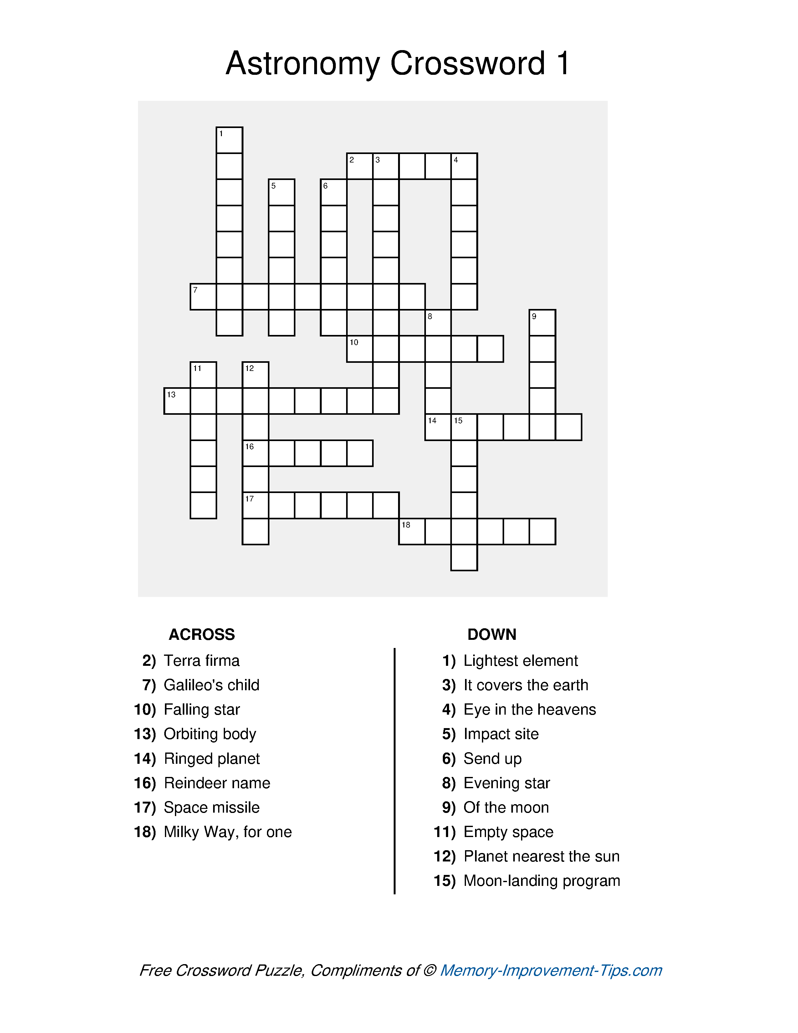 Free printable Astronomy Crossword Puzzle with clues
