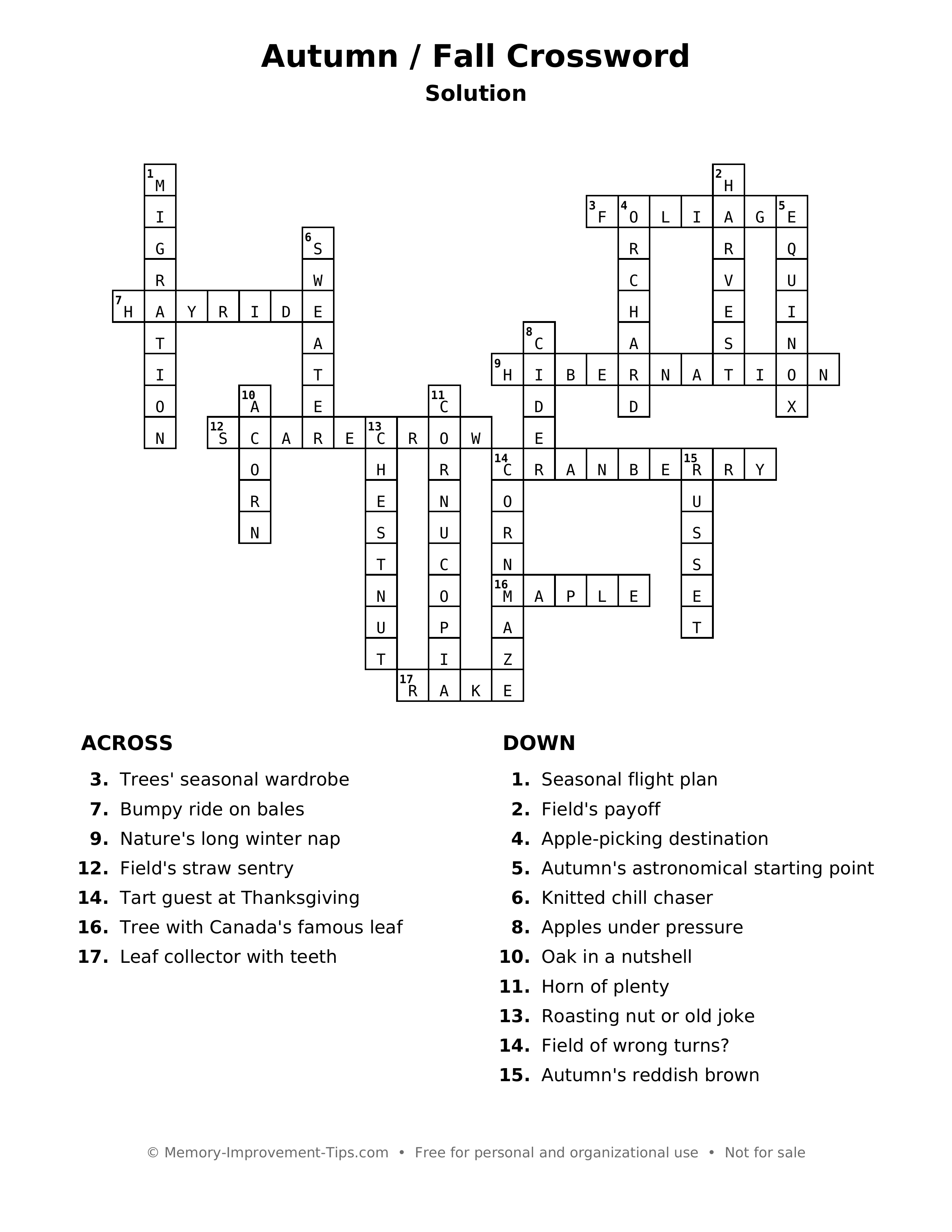 Answer key: Autumn / Fall Crossword