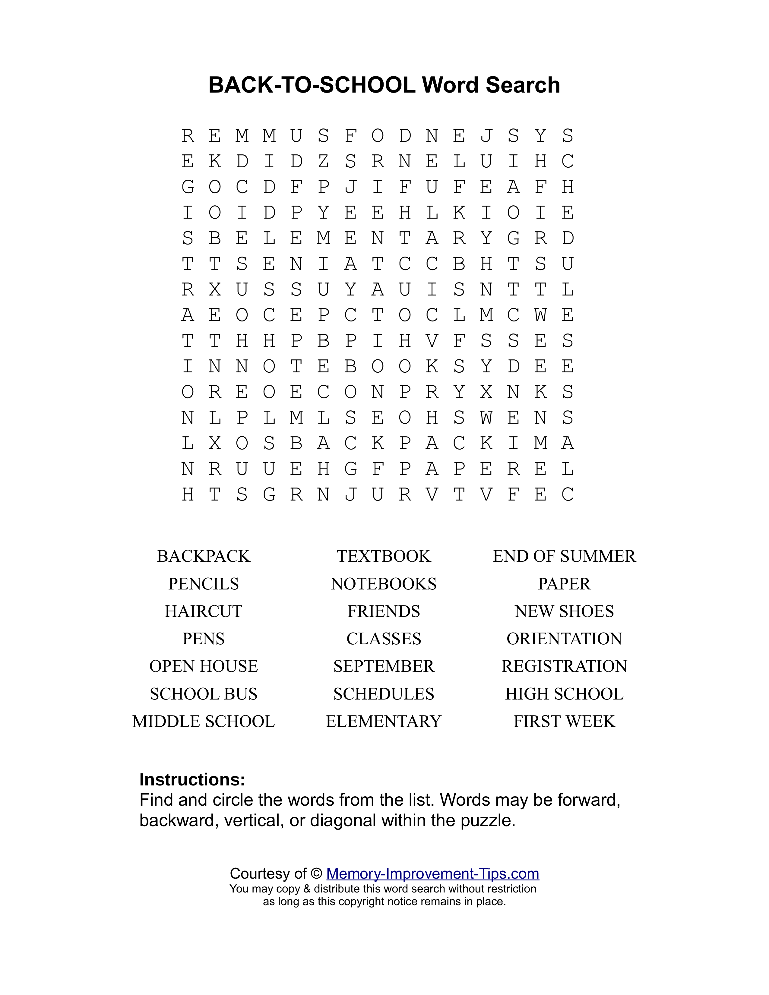 Back to School word search printable puzzle