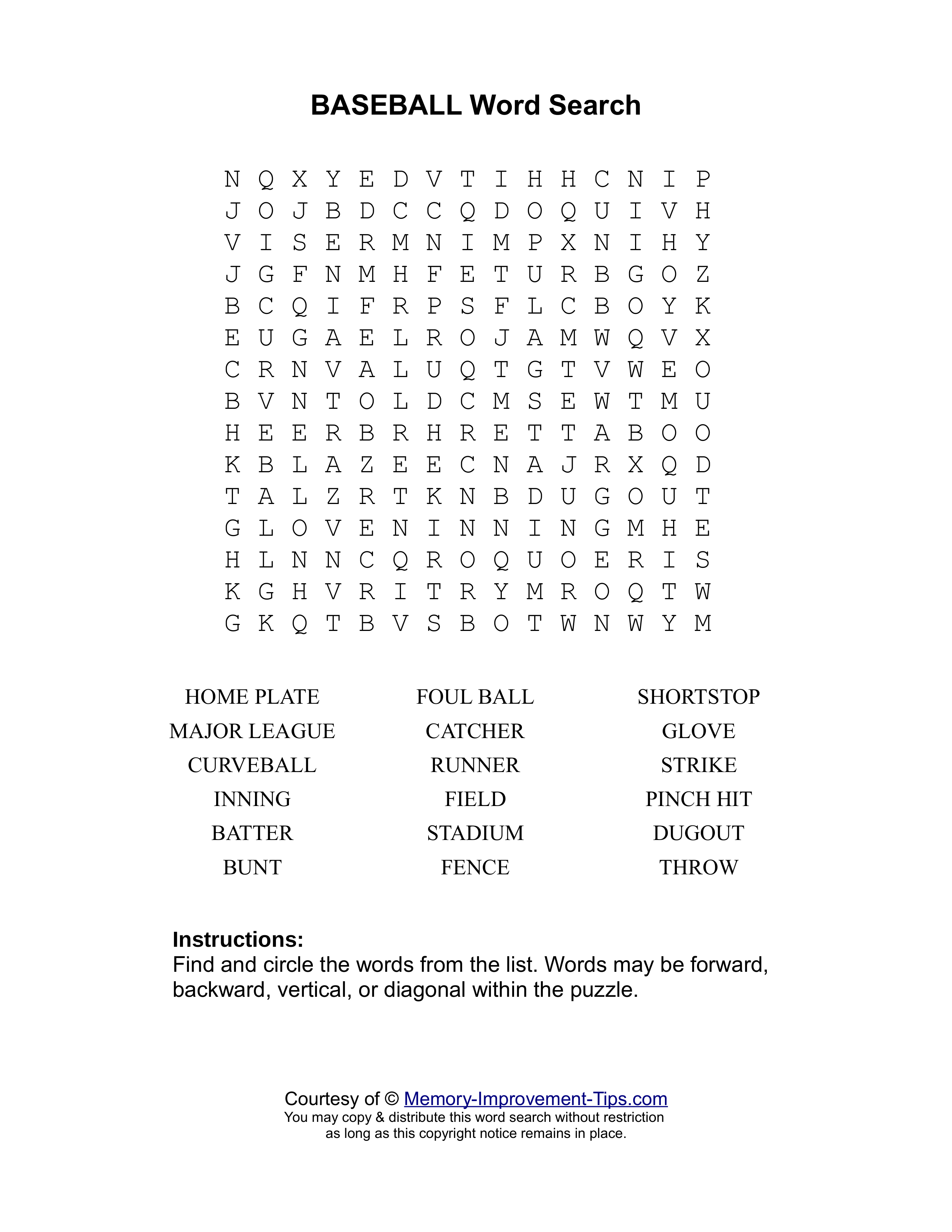 Baseball word search printable puzzle
