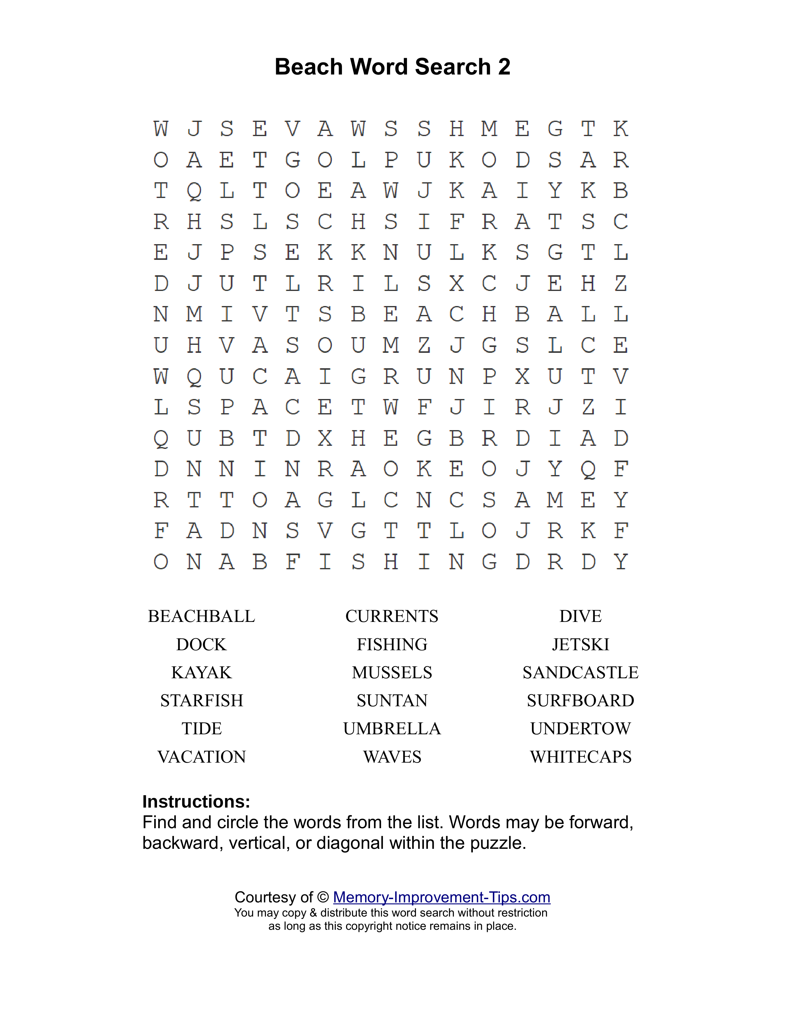 Beach 2 word search printable puzzle