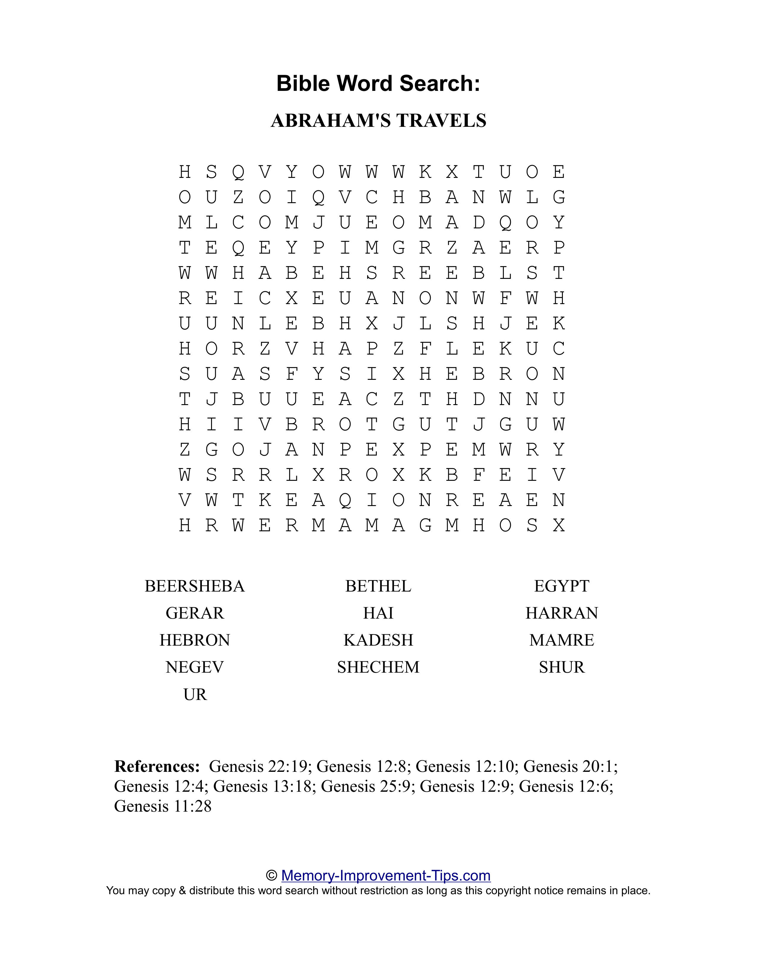 Abraham's Travels Bible word search printable puzzle