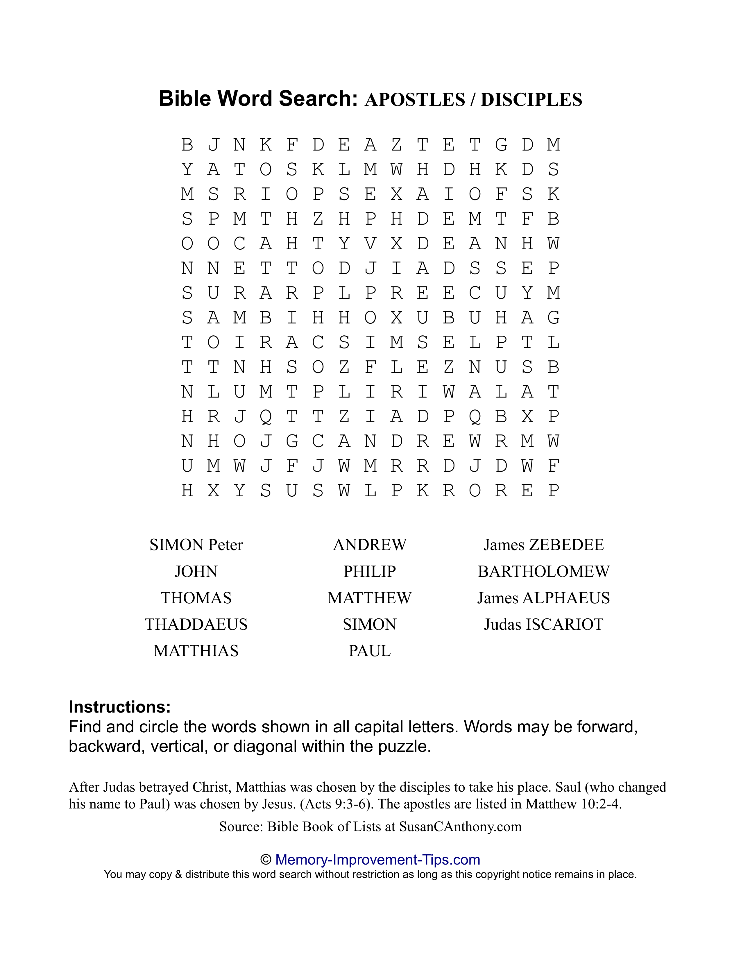 Apostles / Disciples Bible word search printable puzzle