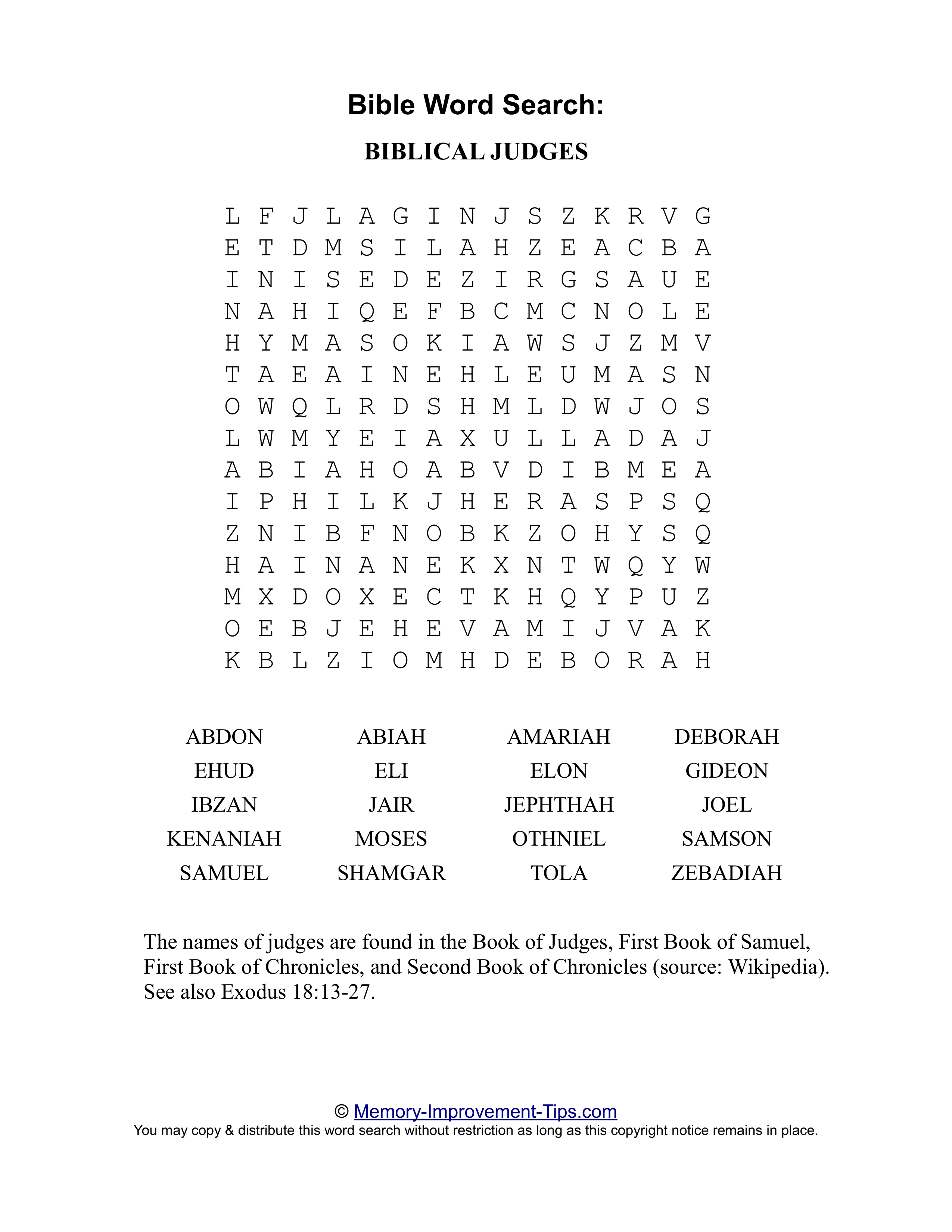 Biblical Judges Bible word search printable puzzle