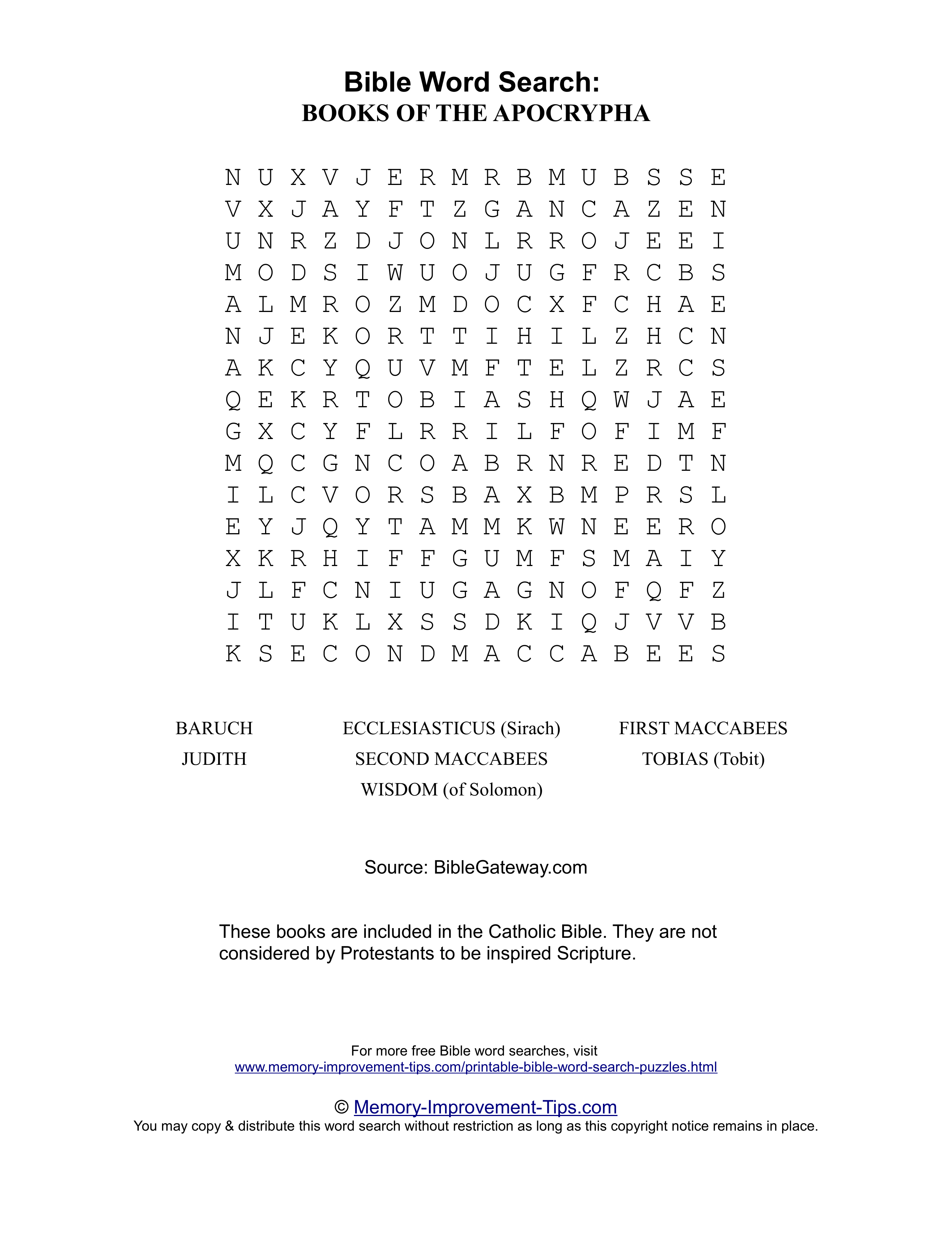 Books of the Apocrypha Bible word search printable puzzle