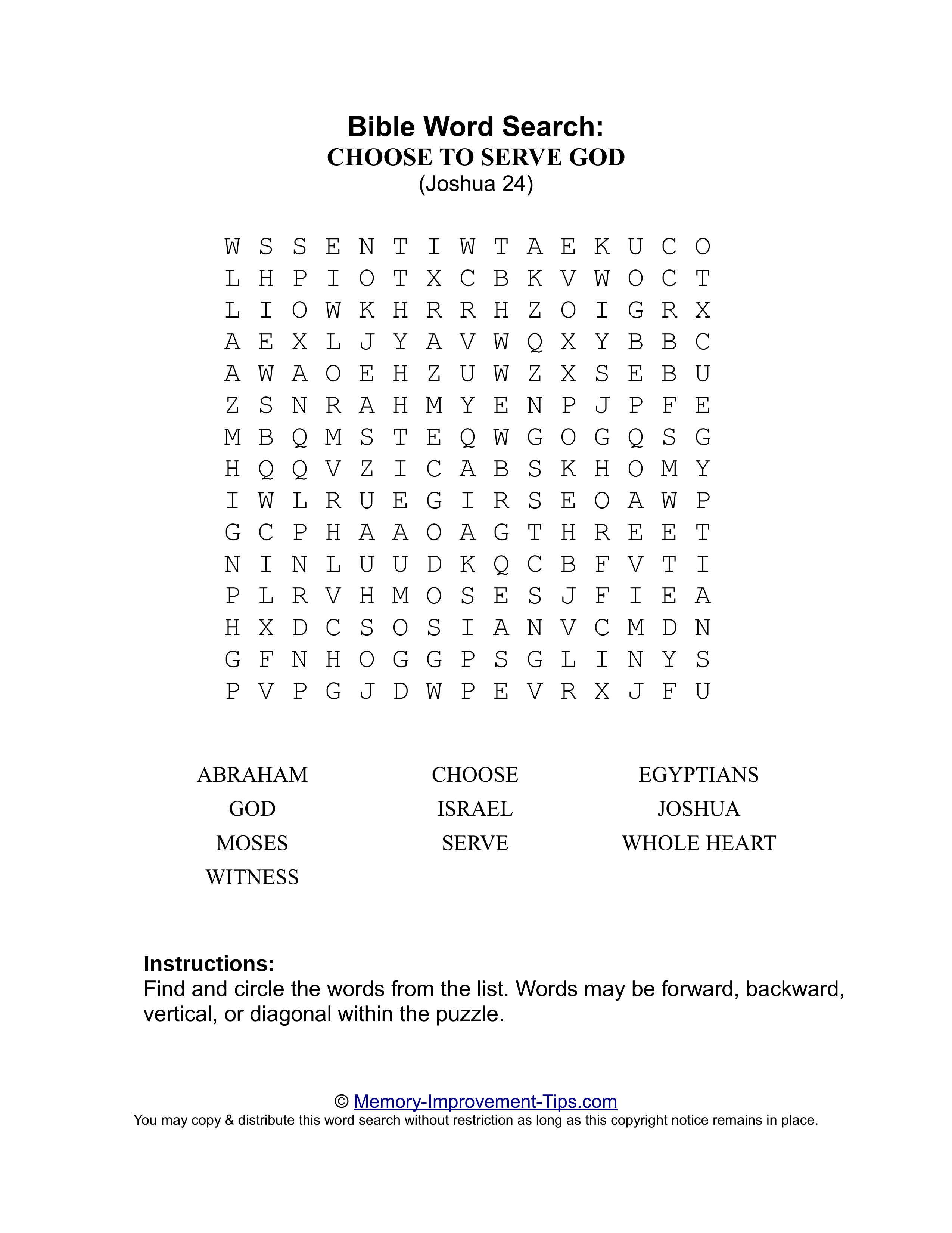 Choose to Serve God (Joshua 24) Bible word search printable puzzle