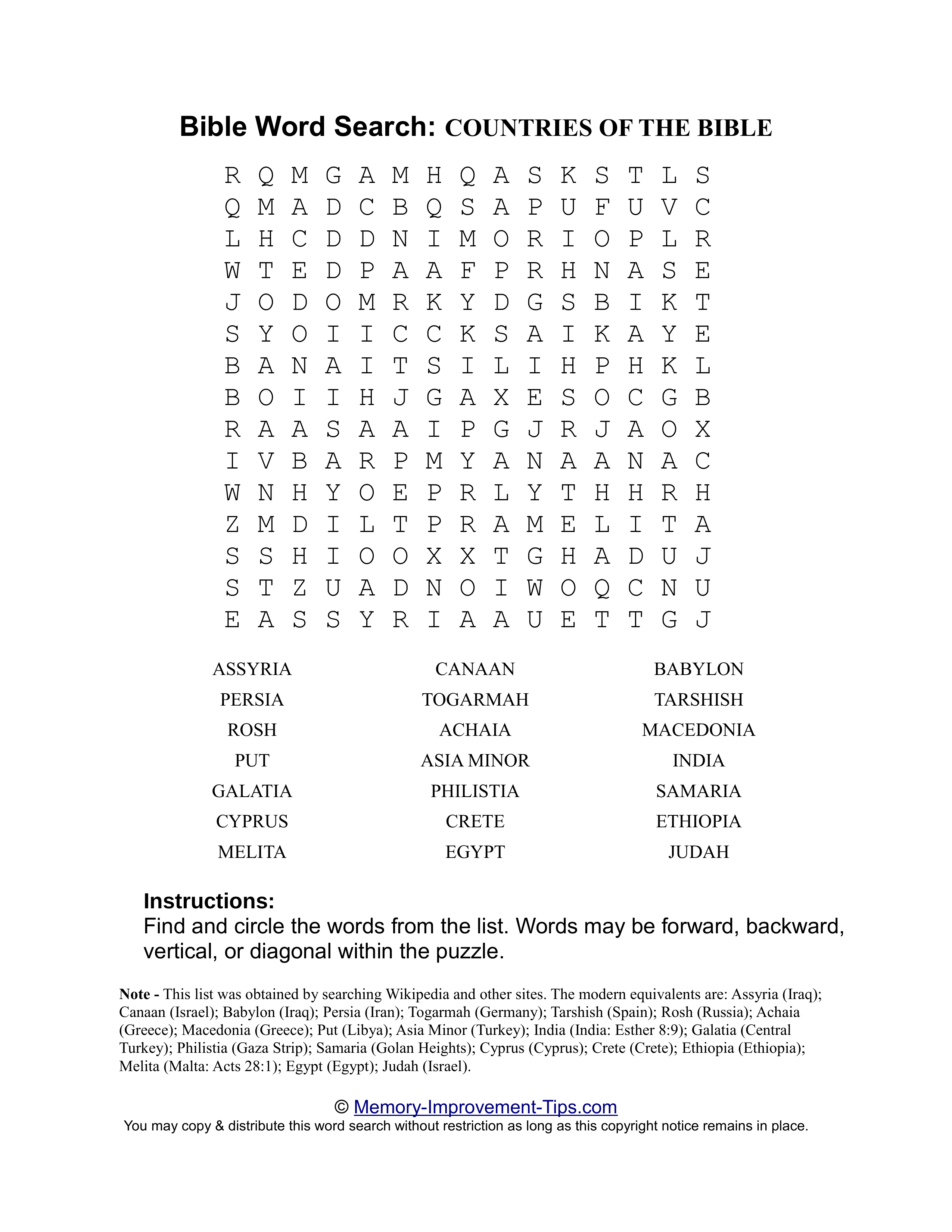 Countries in the Bible word search printable puzzle