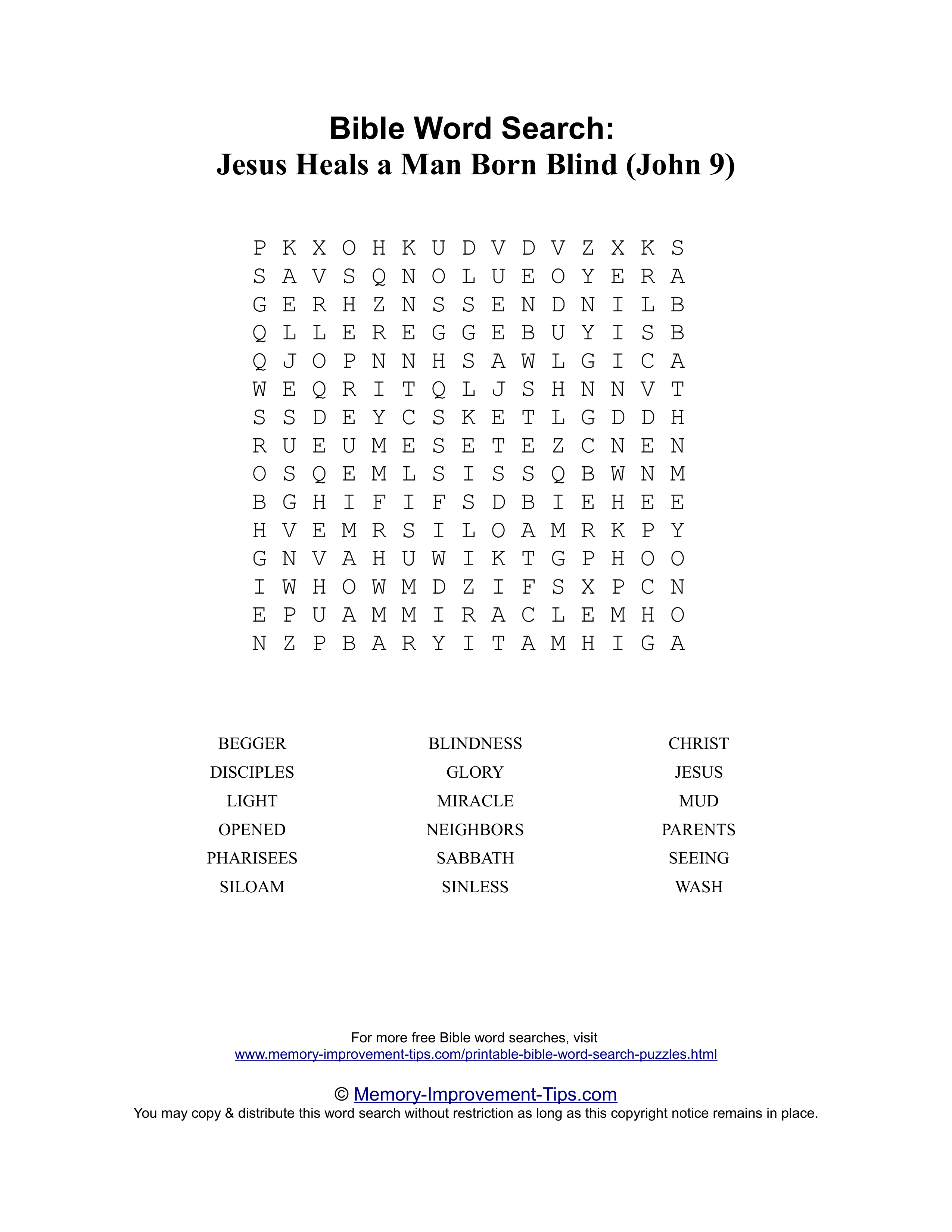 Jesus Heals the Blind Man (John 9) Bible word search printable puzzle