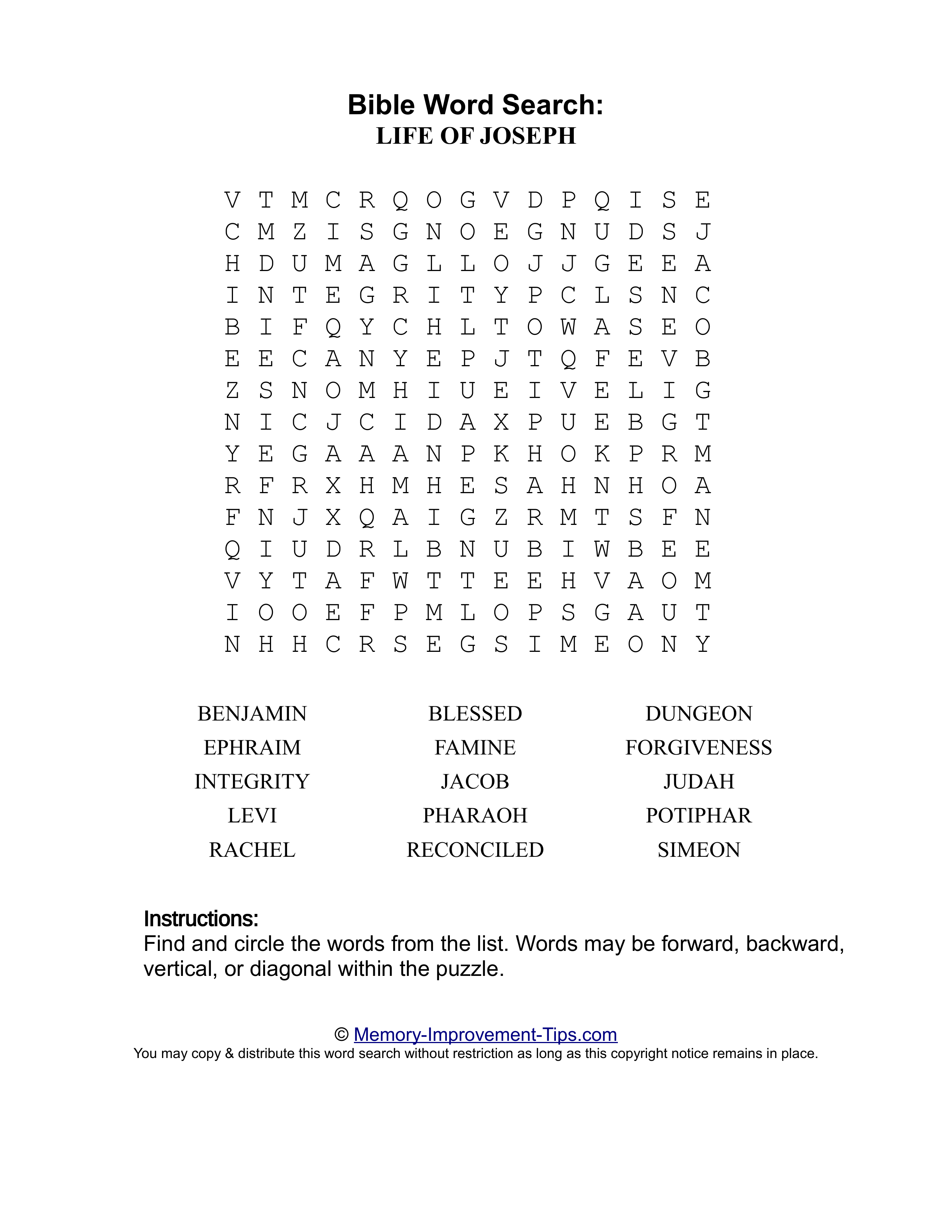 Life of Joseph Bible word search printable puzzle
