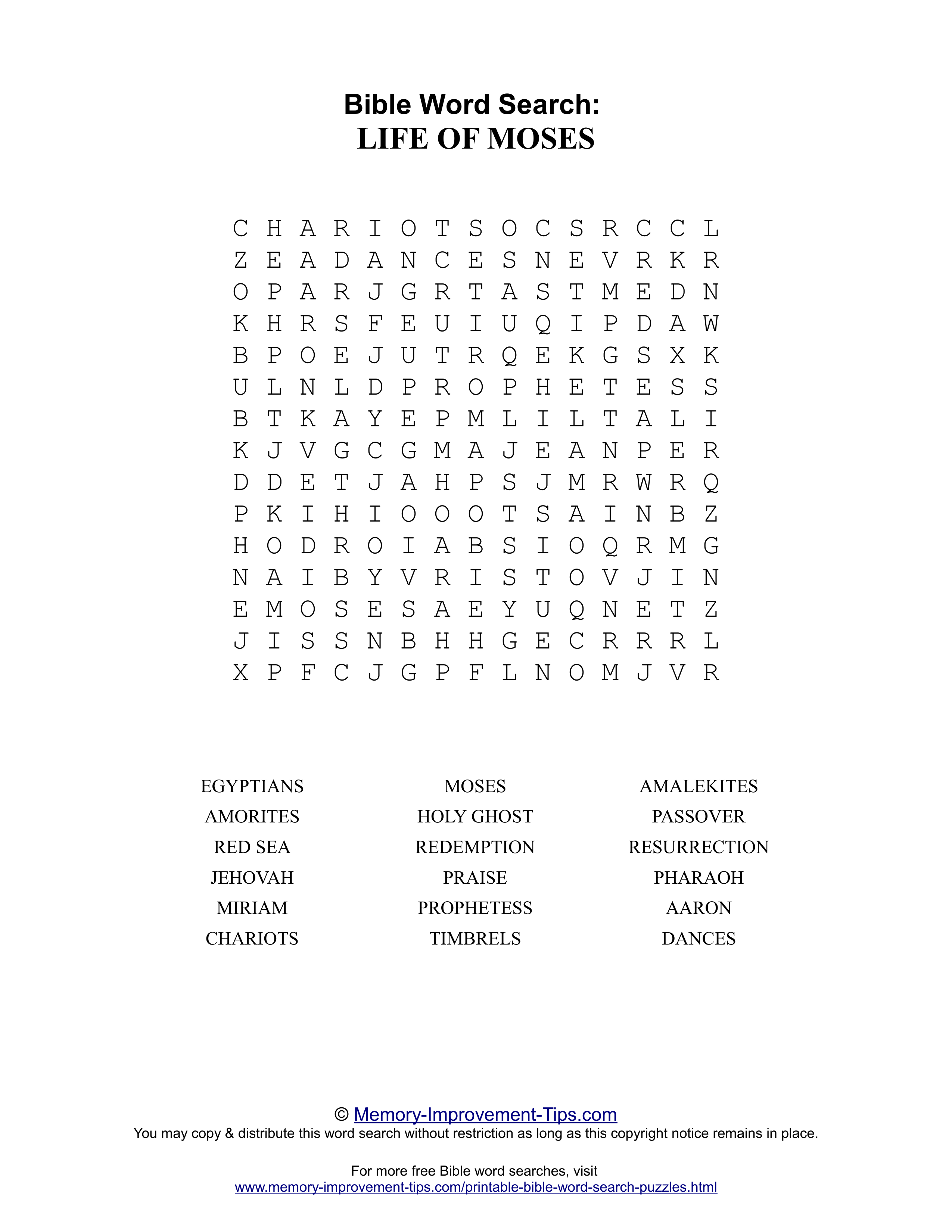 Life of Moses Bible word search printable puzzle