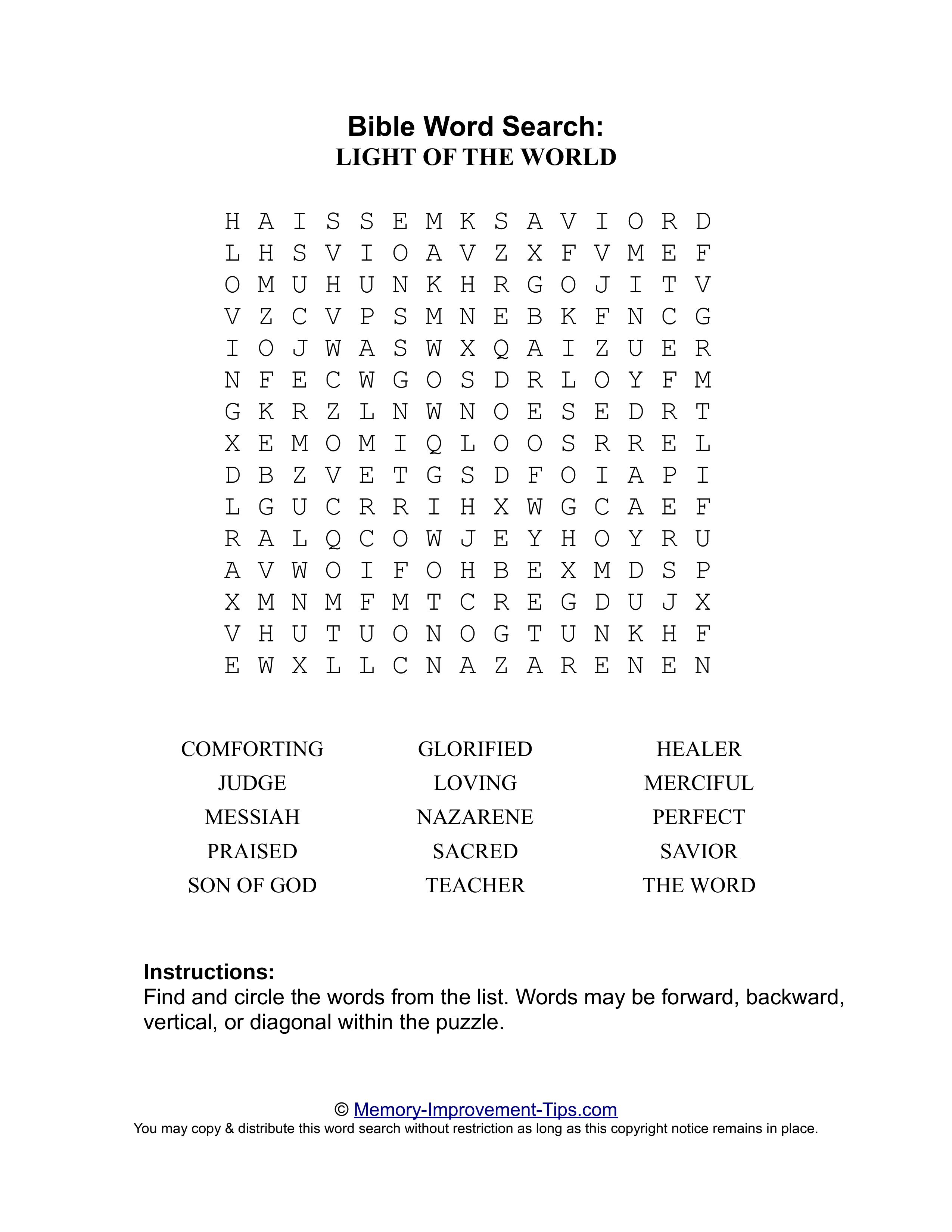 Light of the World Bible word search printable puzzle