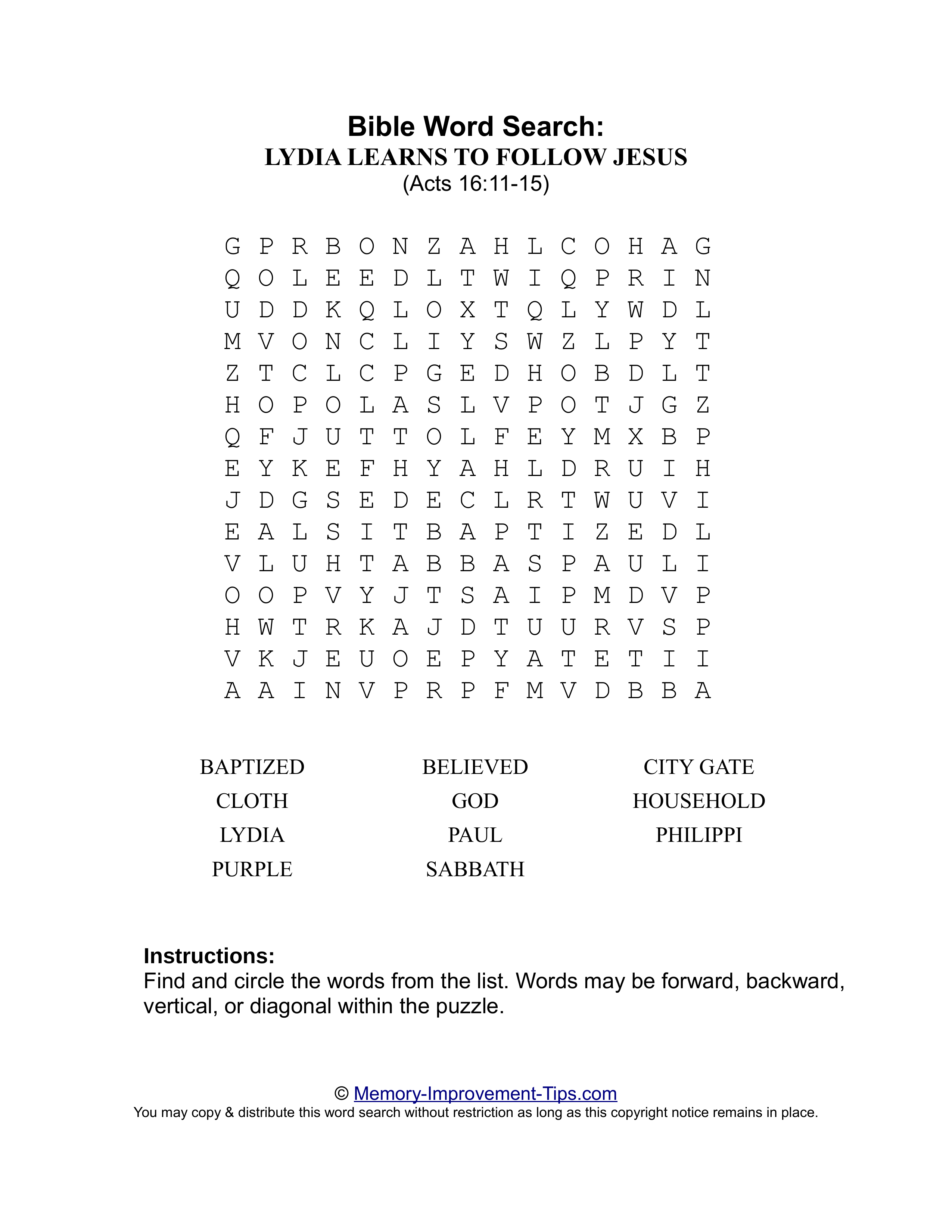 Lydia Learns to Follow Jesus (Acts 16:11-15) Bible word search printable puzzle