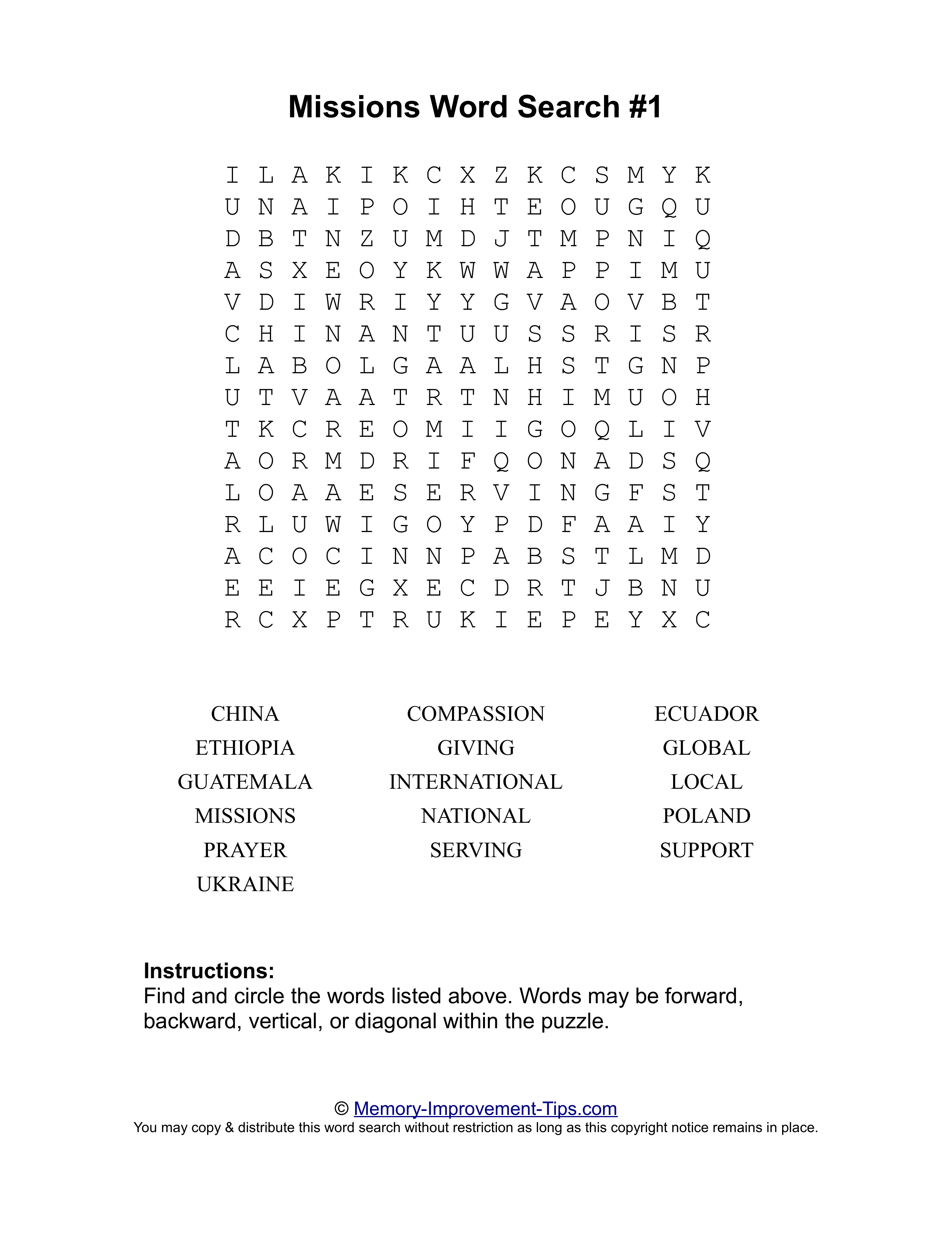 Missions #1 word search printable puzzle