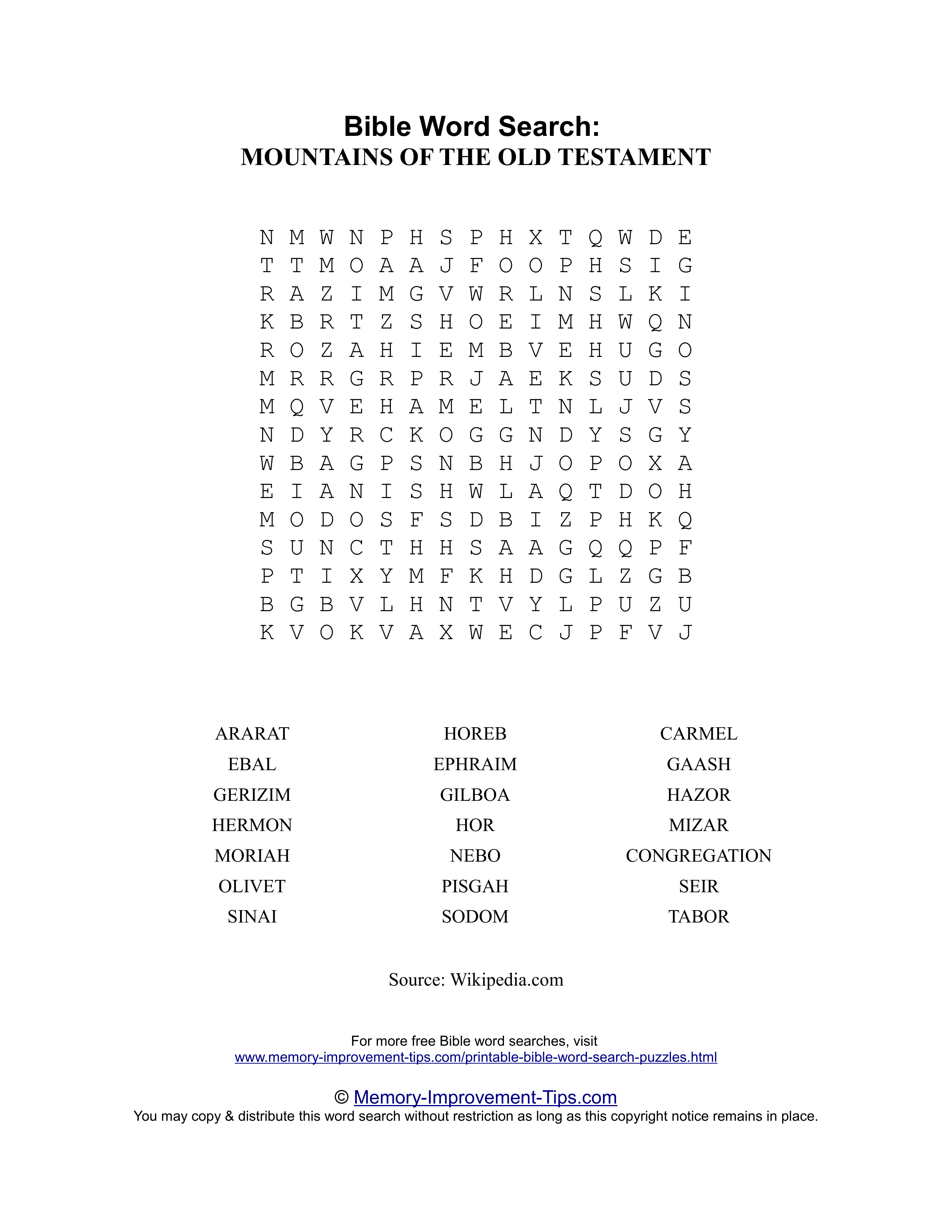 Mountains of the Old Testament Bible word search printable puzzle