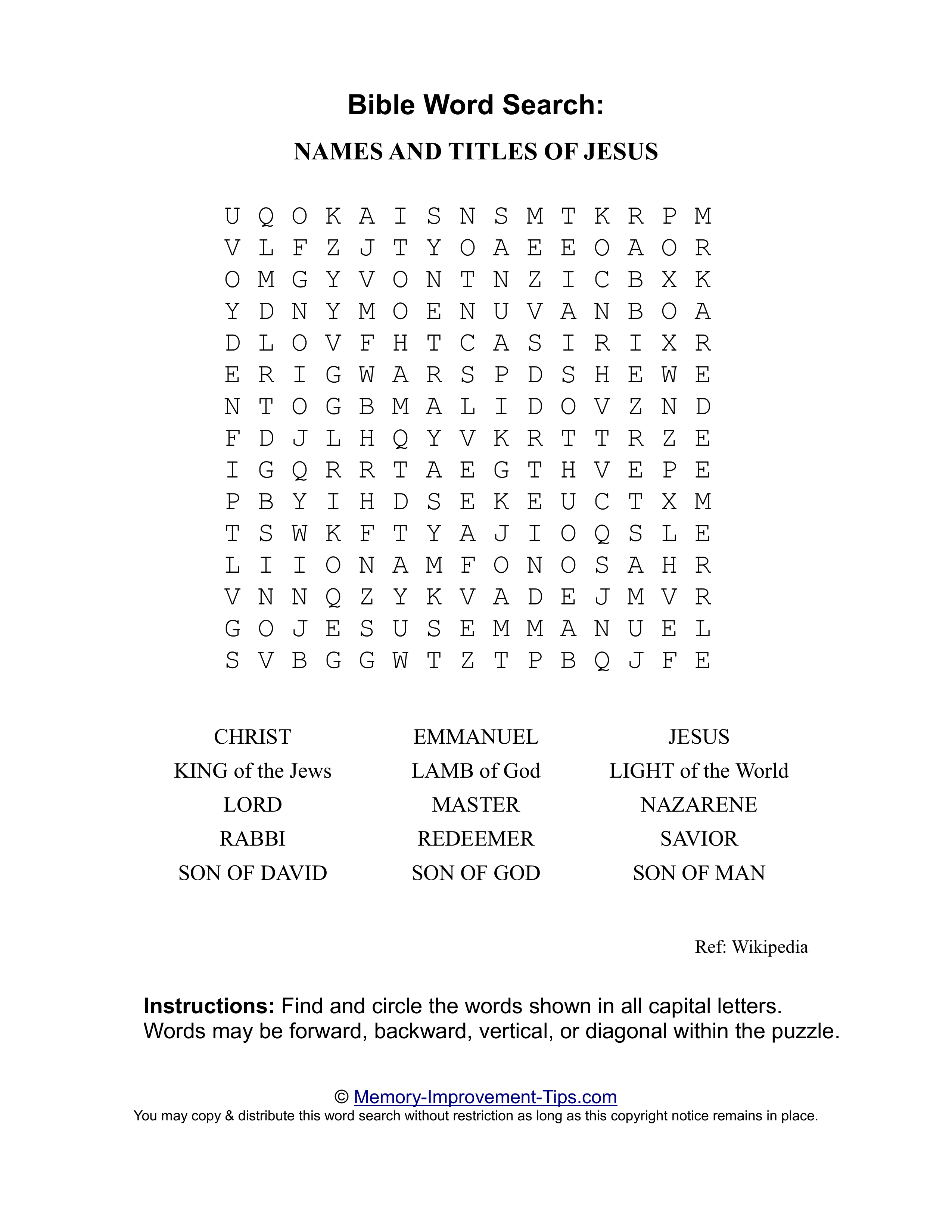 Names and Titles of Jesus Bible word search printable puzzle