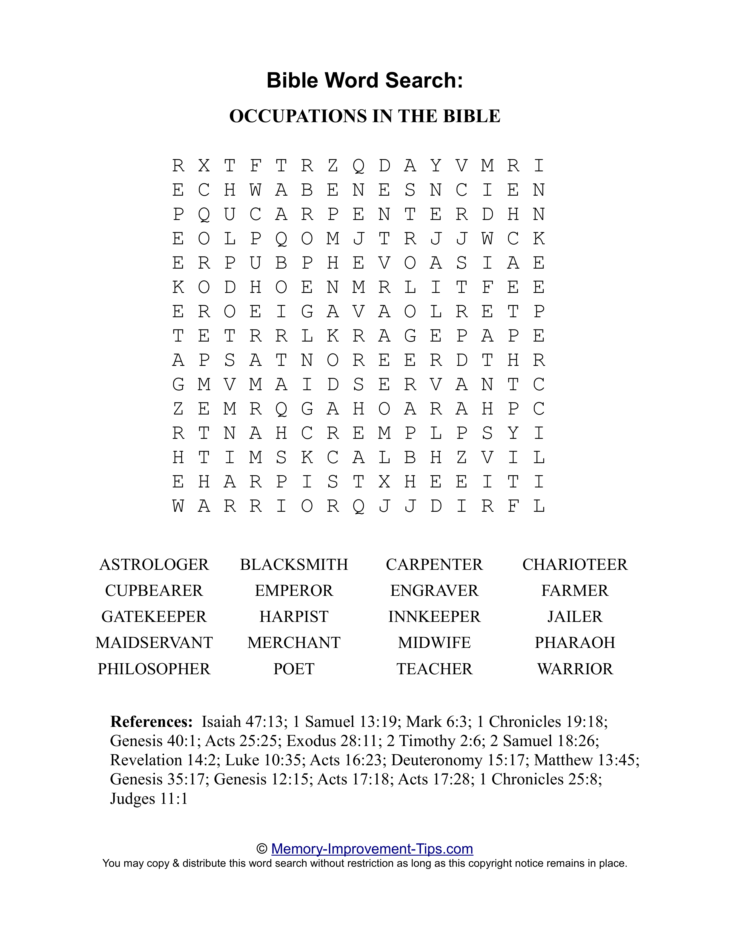 Occupations in the Bible word search printable puzzle