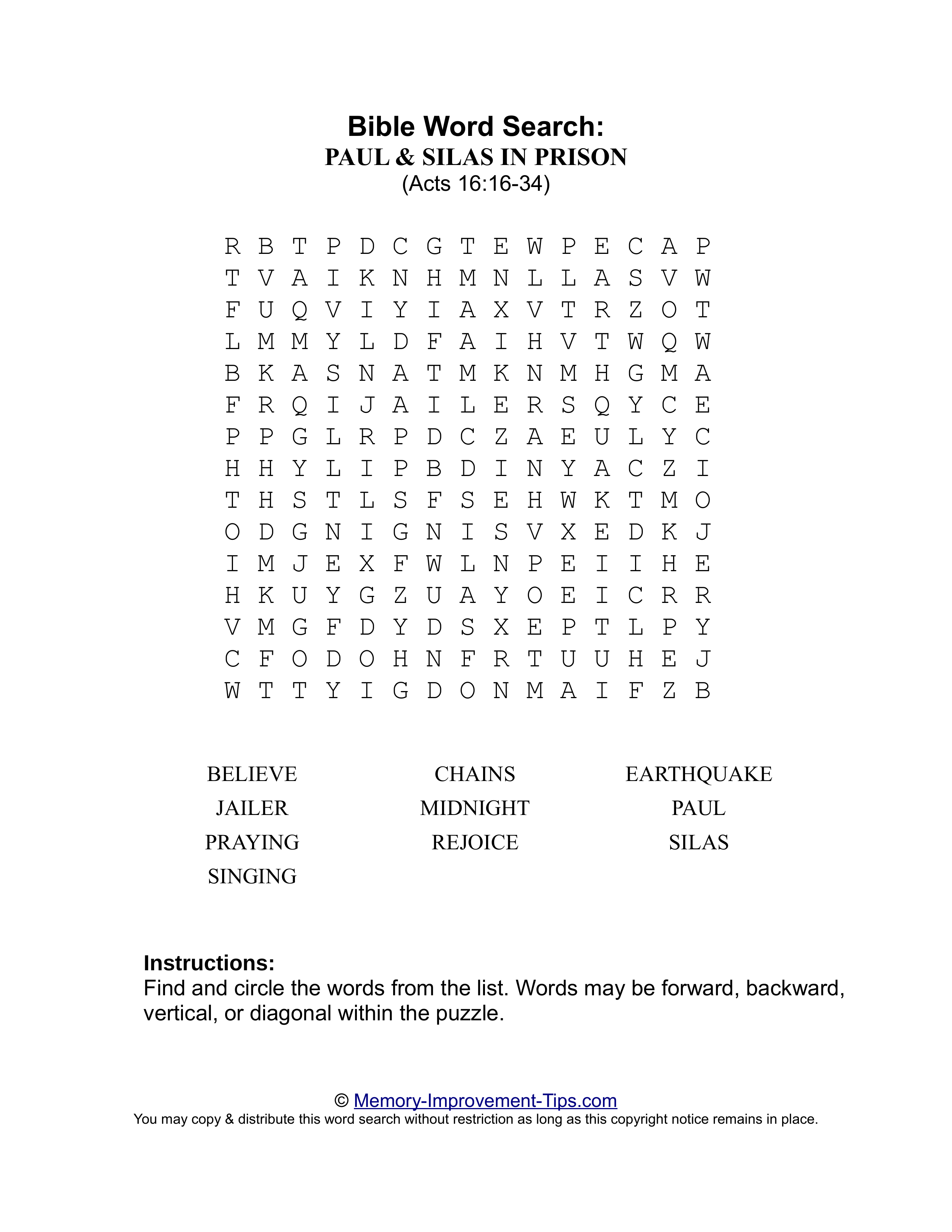 Paul & Silas in Prison (Acts 16:16-34) Bible word search printable puzzle