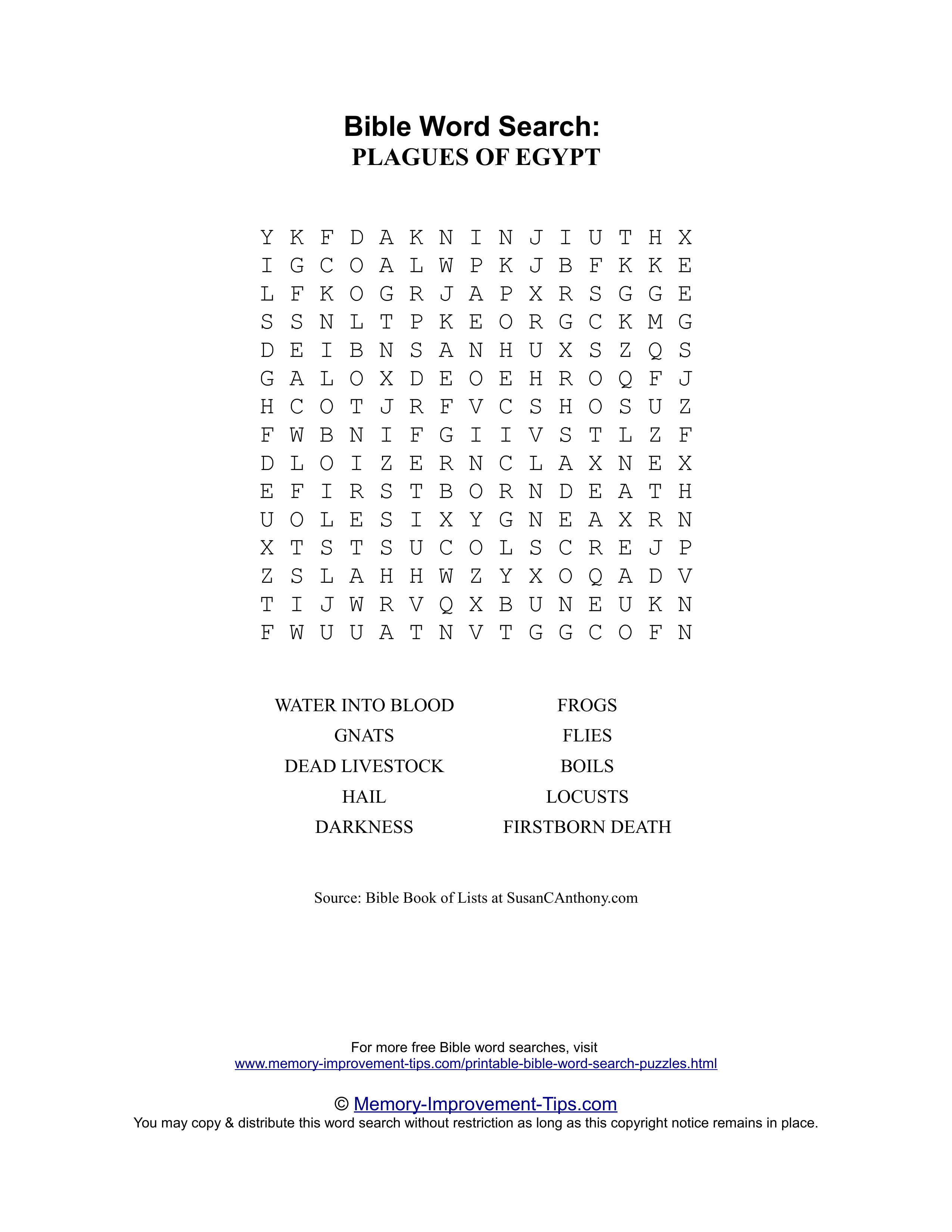 Plagues of Egypt Bible word search printable puzzle