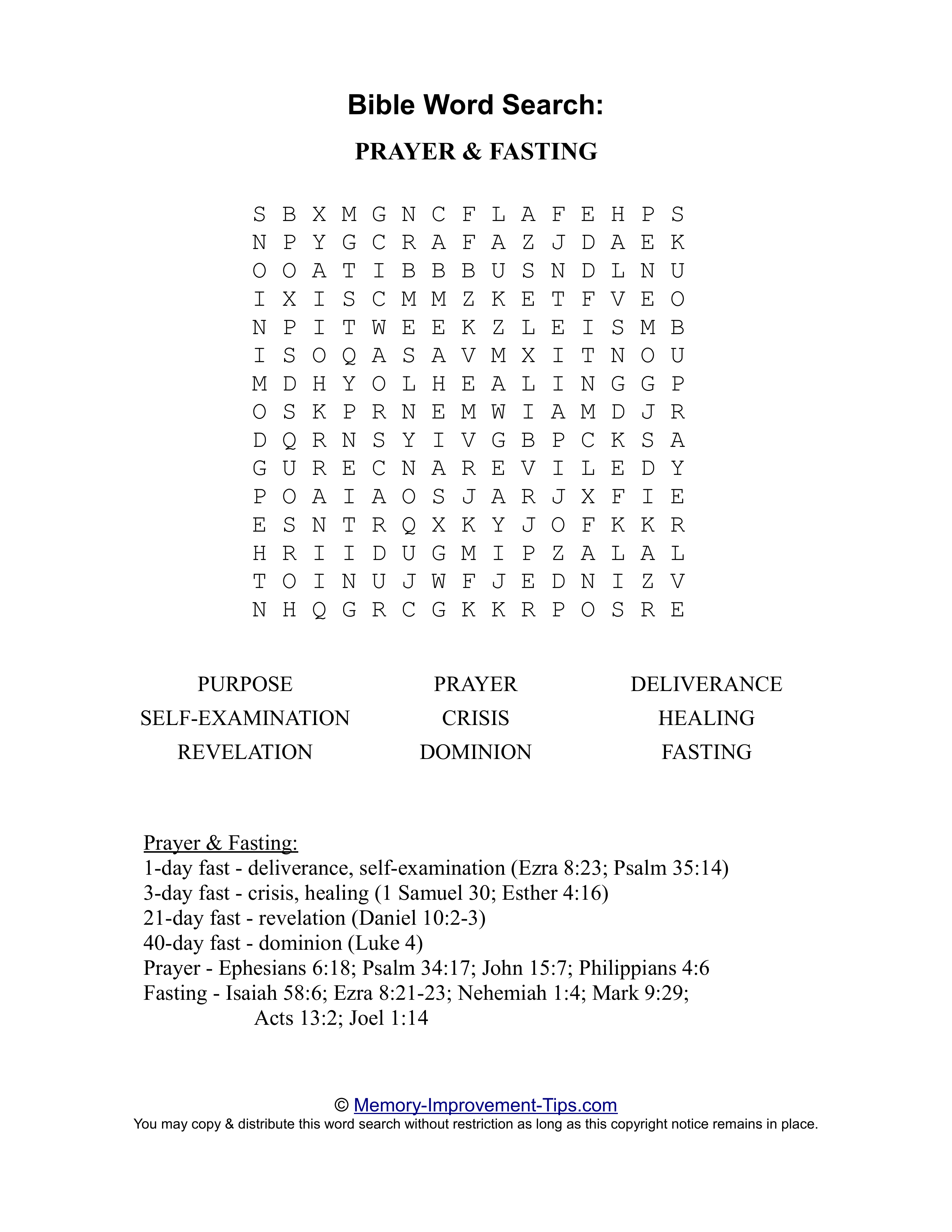 Prayer & Fasting Bible word search printable puzzle