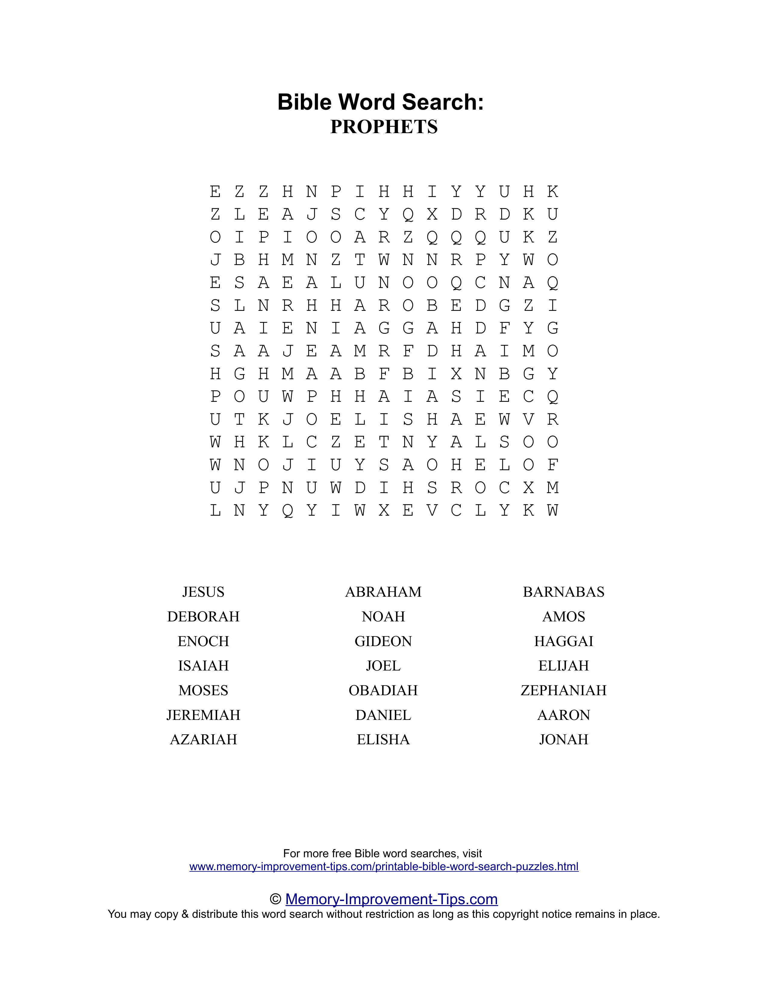 Prophets Bible word search printable puzzle