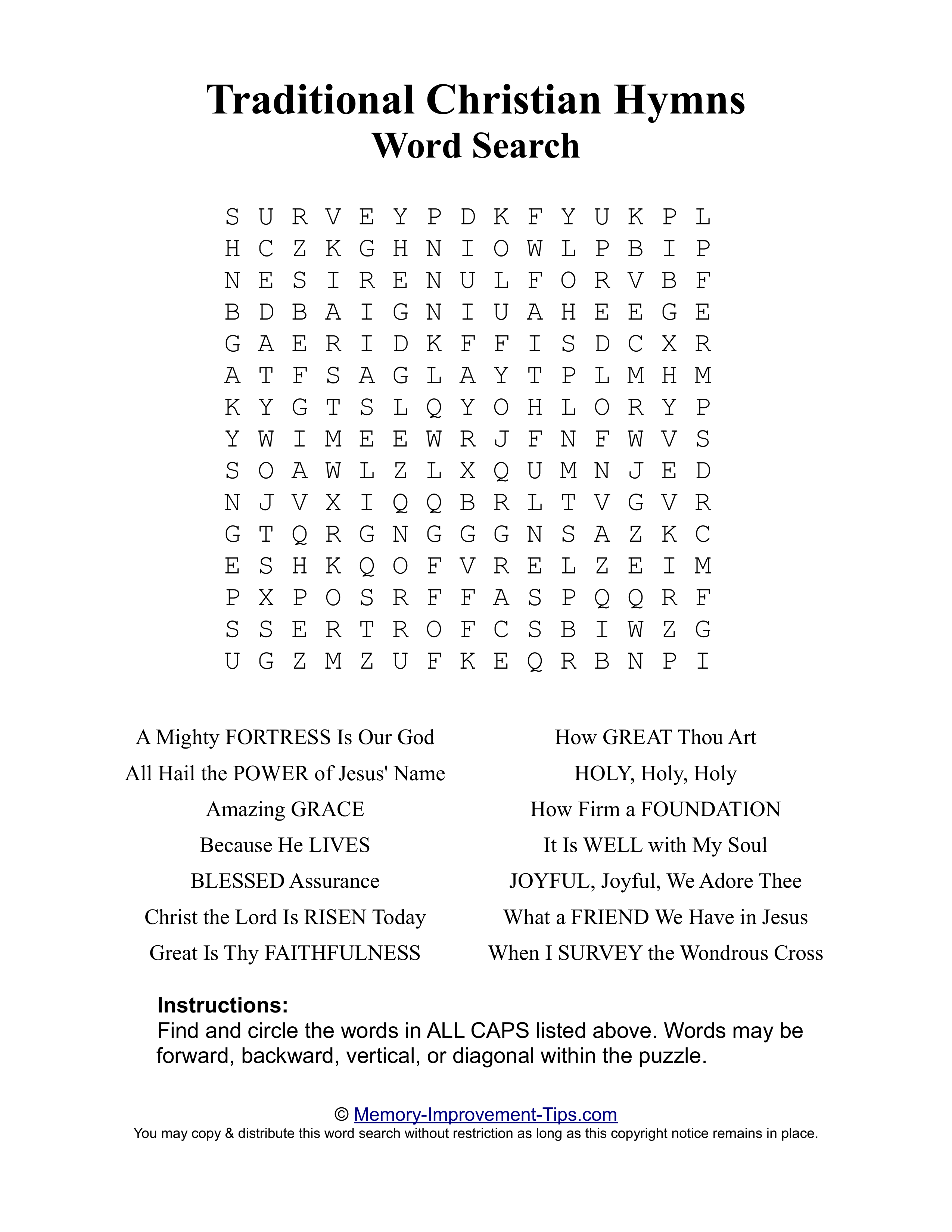 Traditional Christian Hymns Bible word search printable puzzle