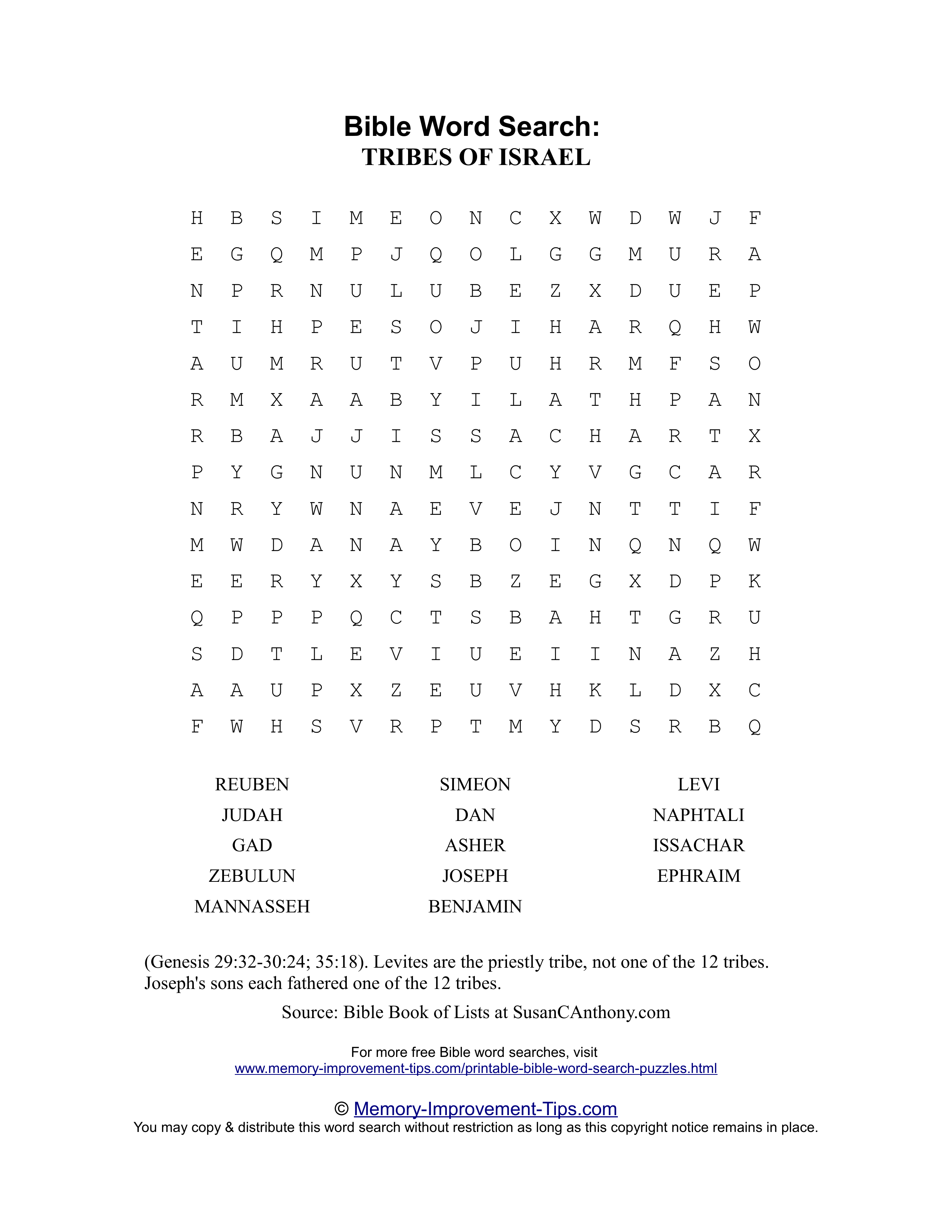 Tribes of Israel Bible word search printable puzzle