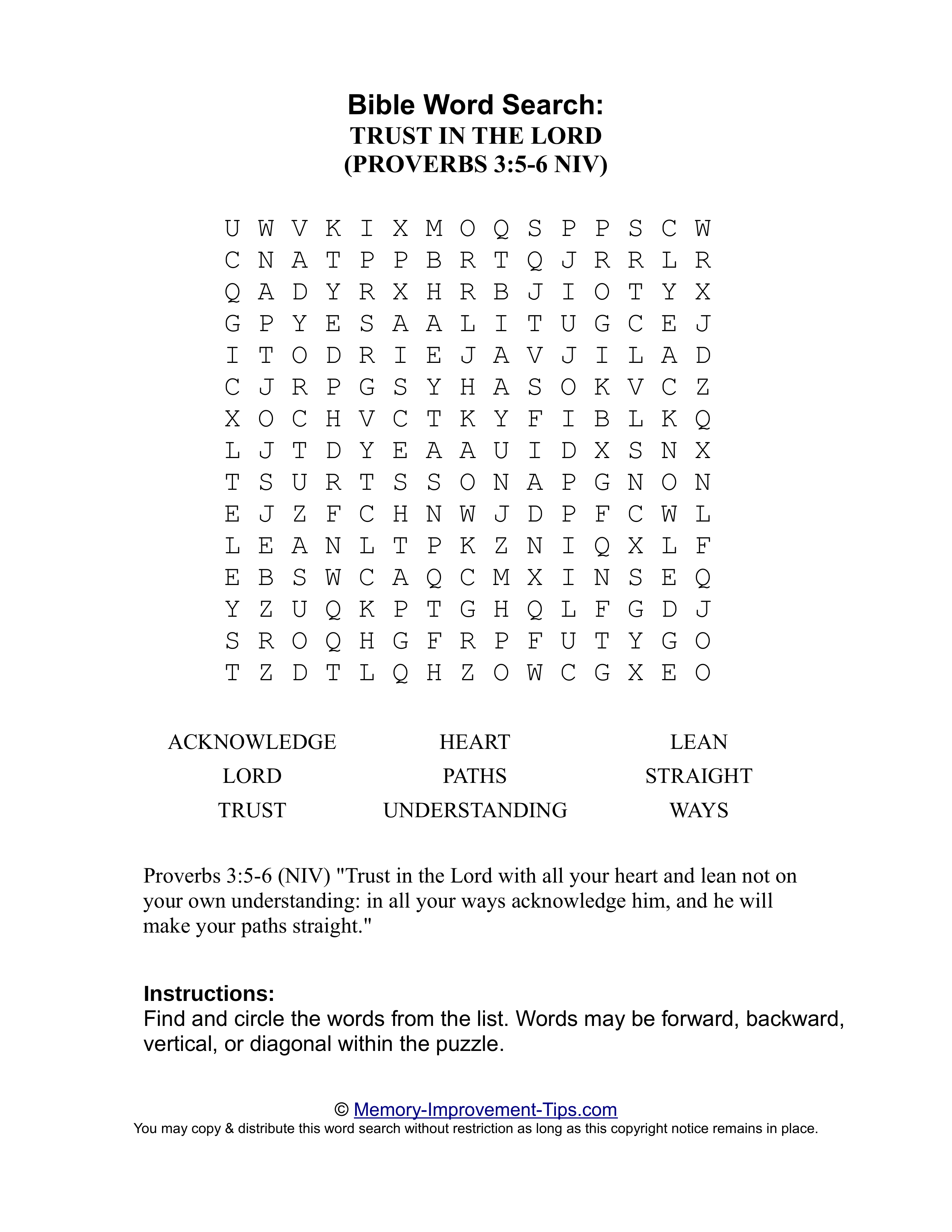 Trust in the Lord (Proverbs 3:5-6 NIV) Bible word search printable puzzle