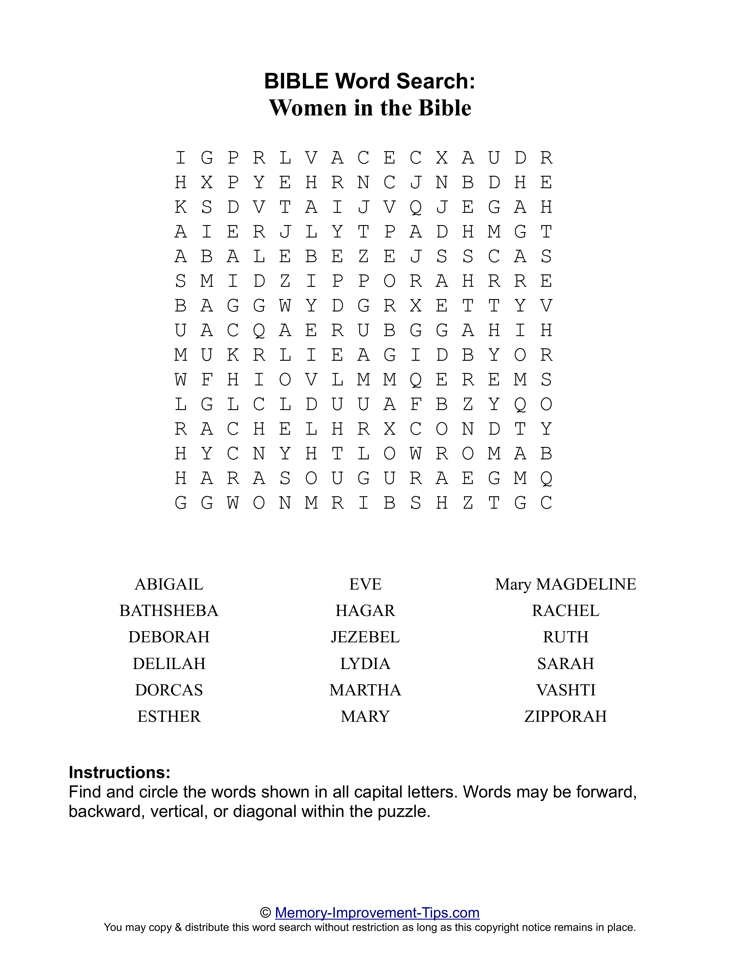 Women in the Bible word search printable puzzle