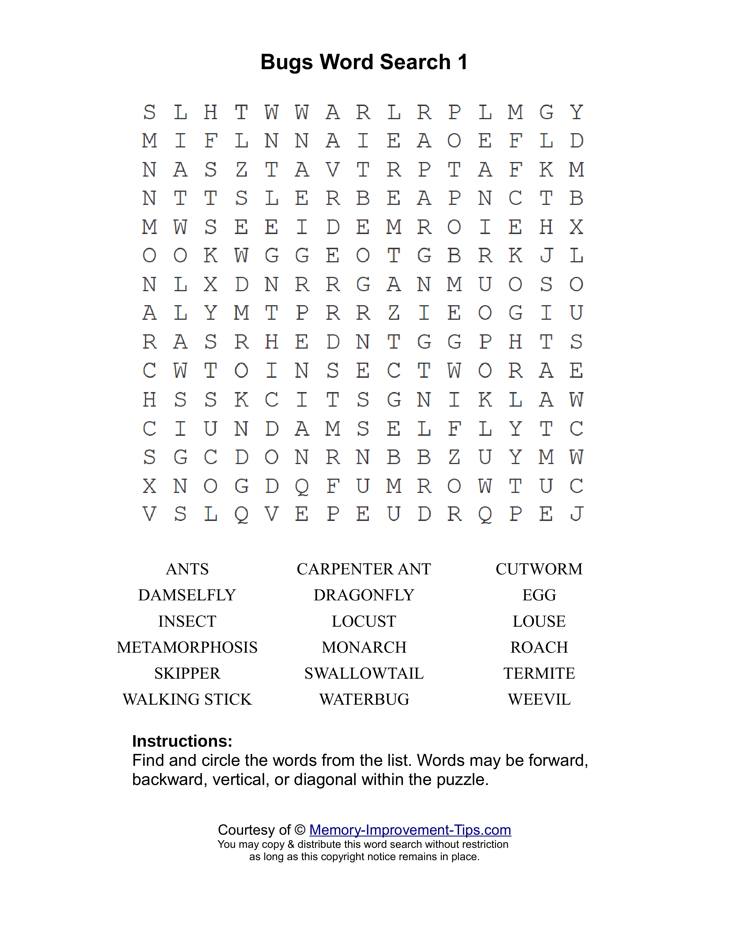 Bugs 1 word search printable puzzle
