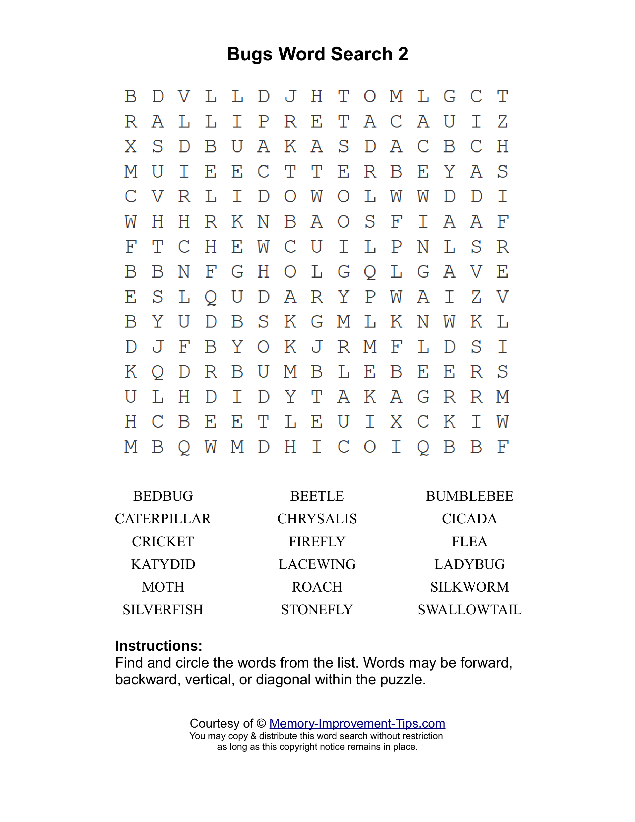 Bugs 2 word search printable puzzle