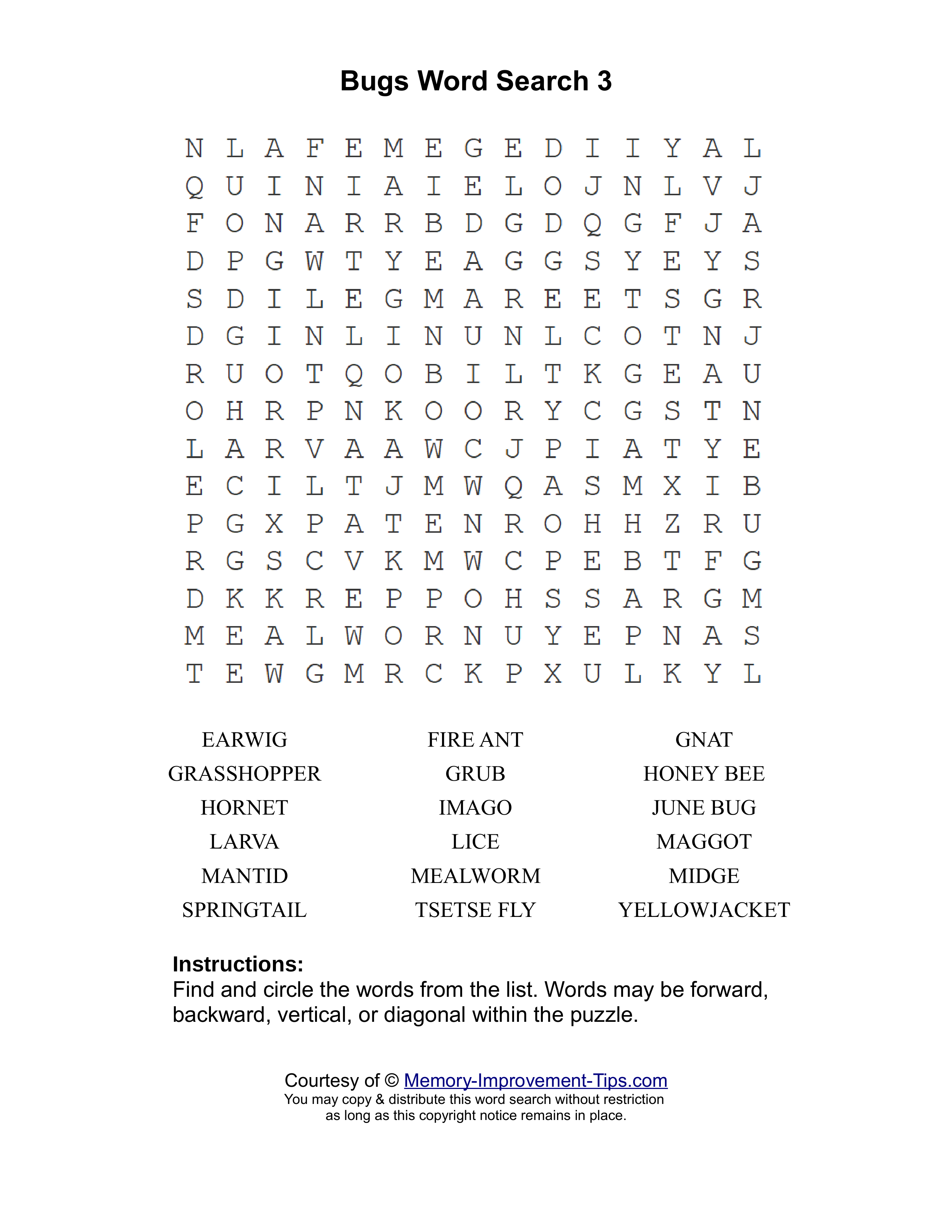 Bugs 3 word search printable puzzle