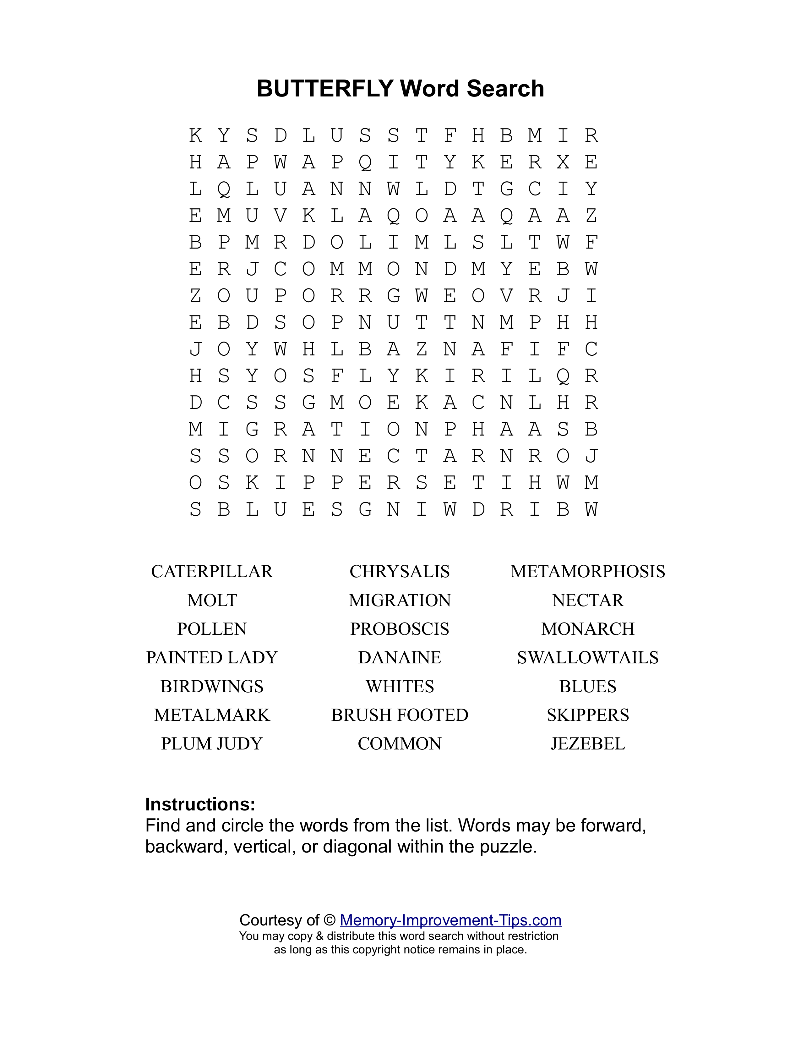 Butterflies word search printable puzzle