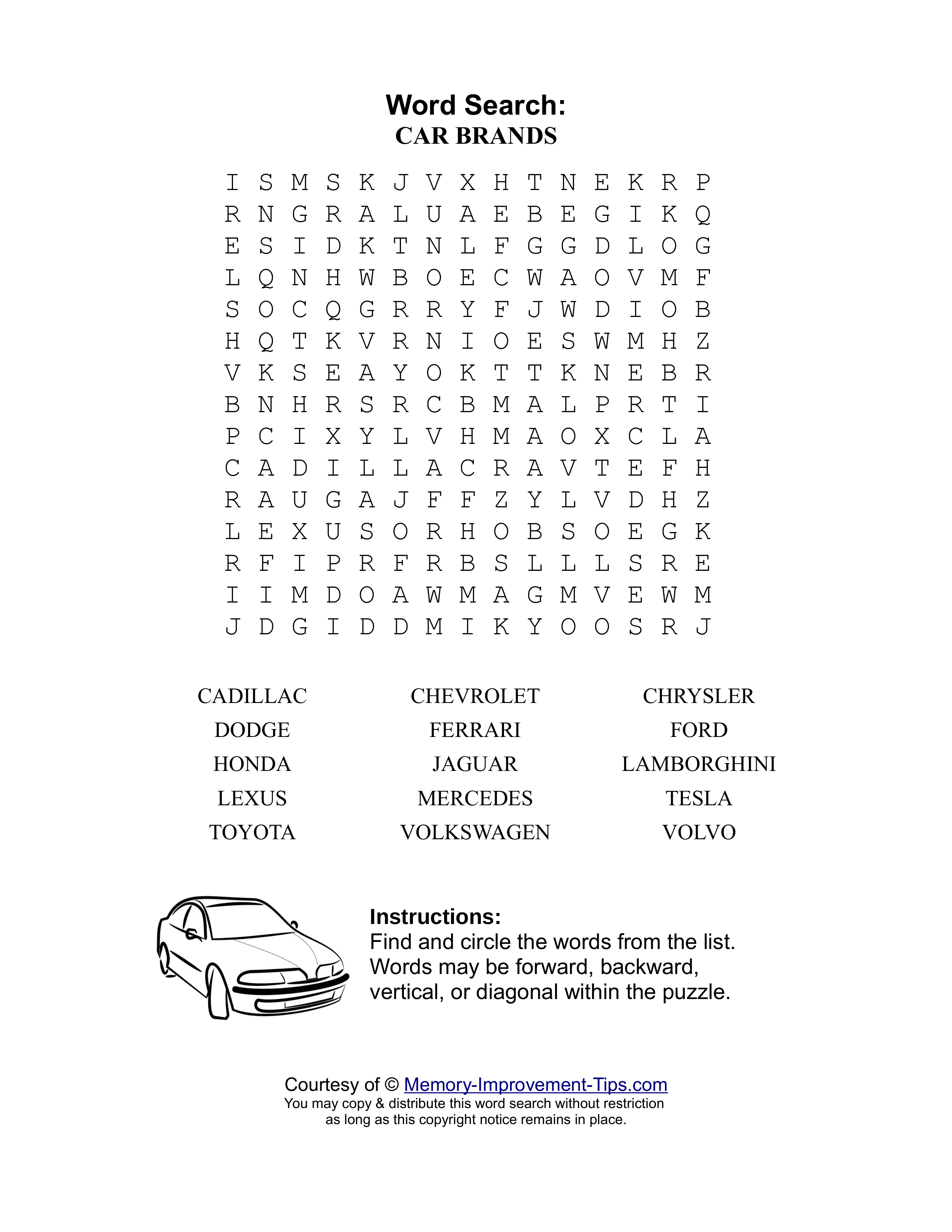 Car Brands word search printable puzzle
