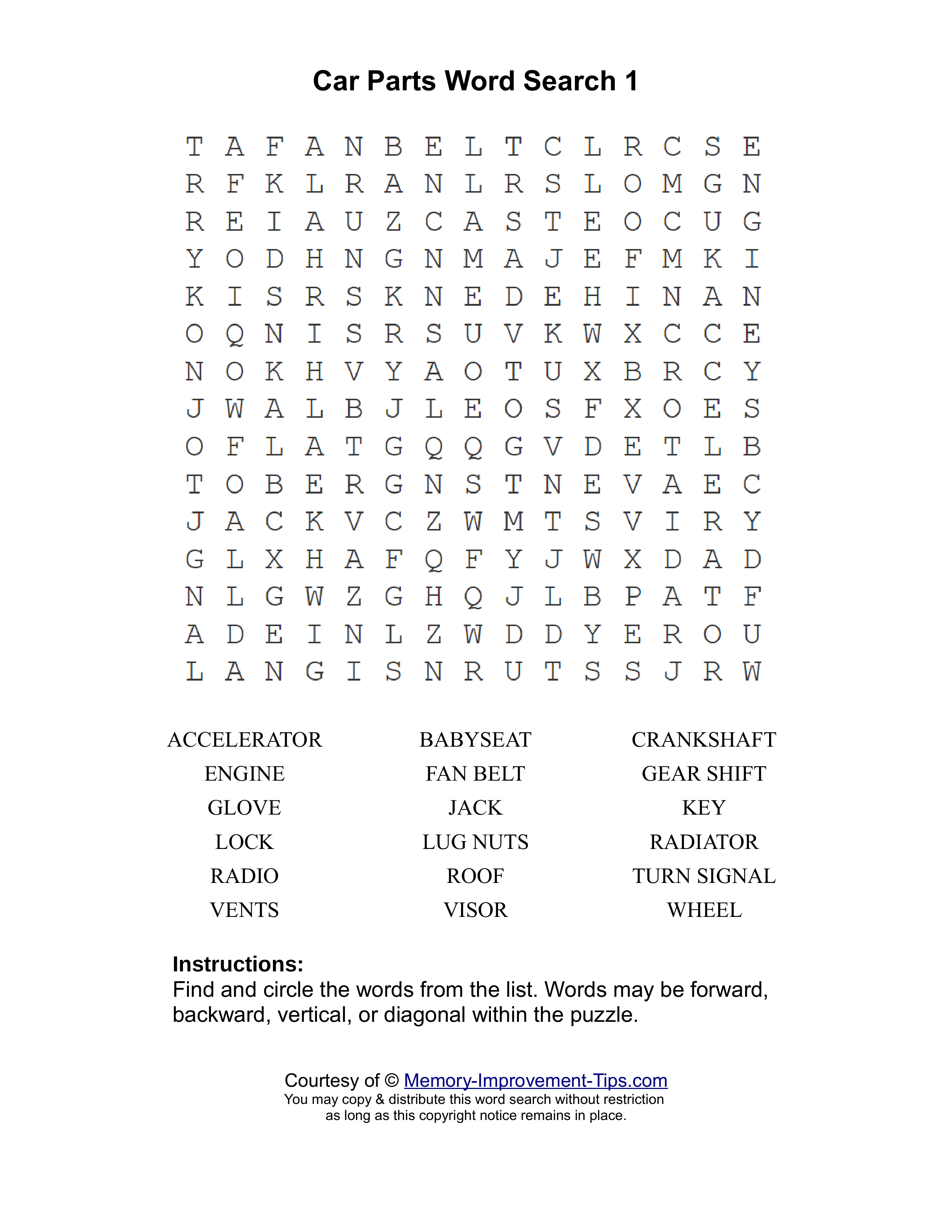 Car Parts 1 word search printable puzzle