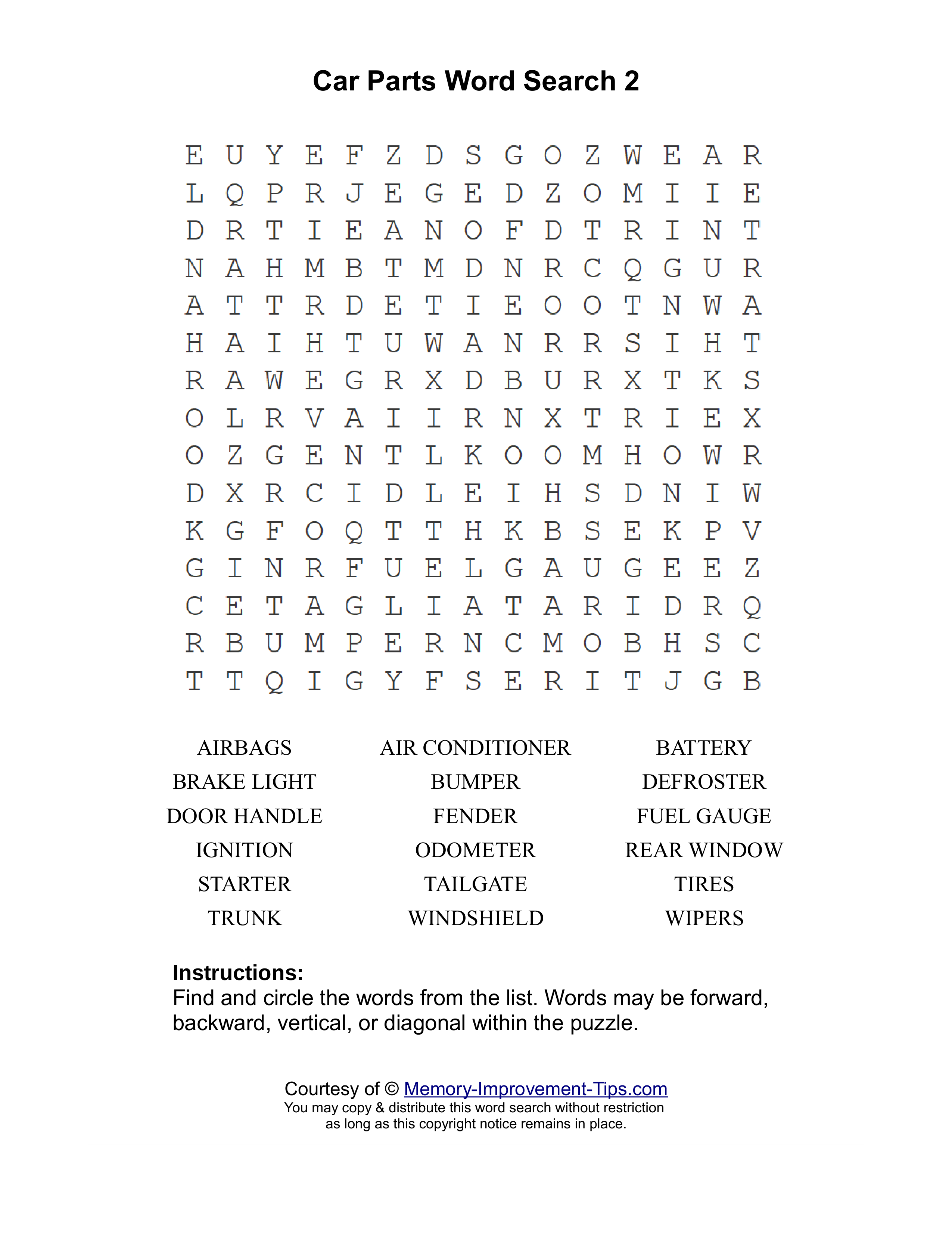 Car Parts 2 word search printable puzzle