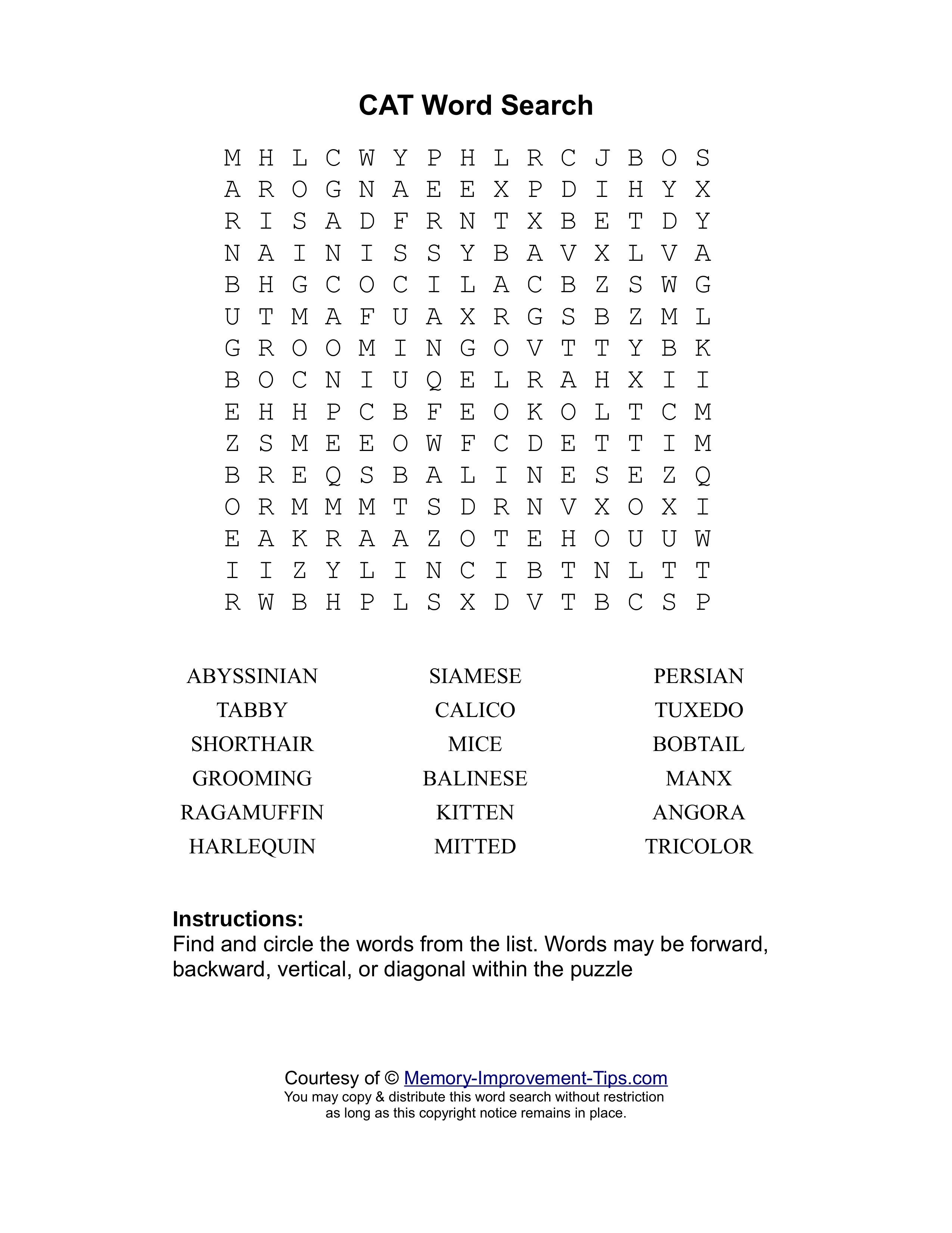 Cats word search printable puzzle
