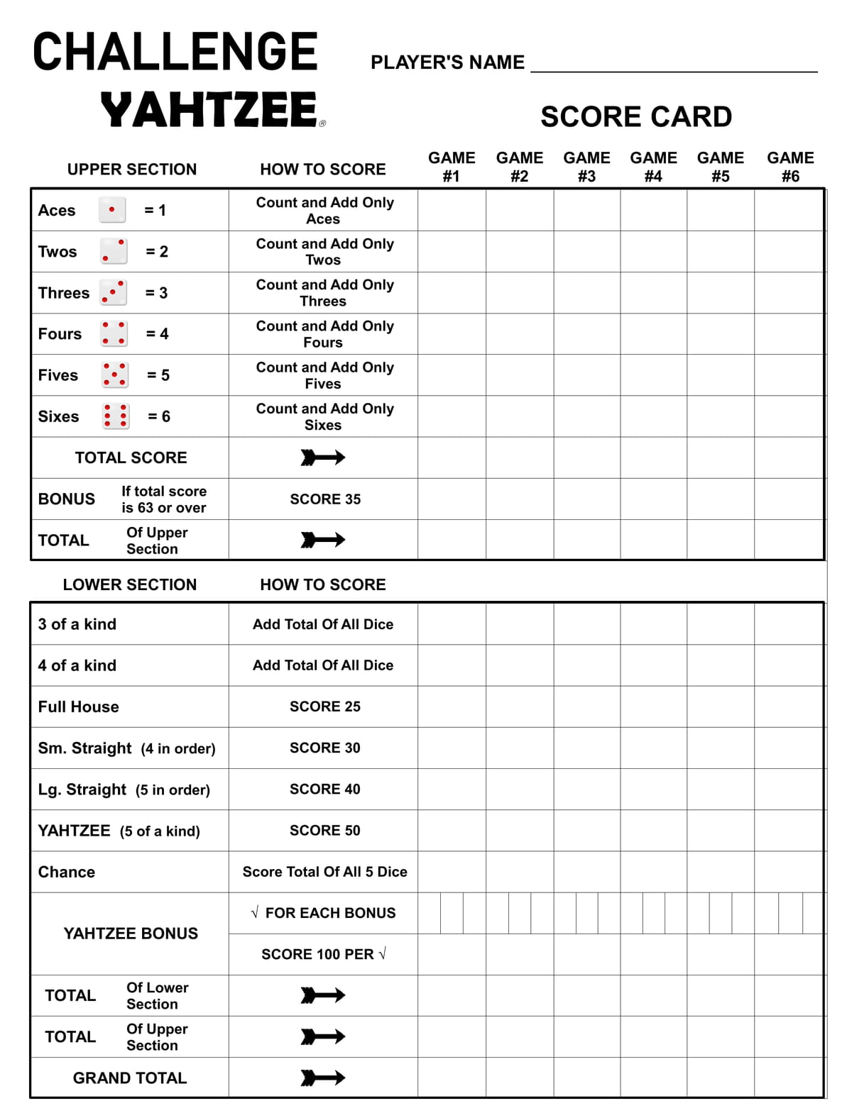 Free Challenge Yahtzee Score Sheet