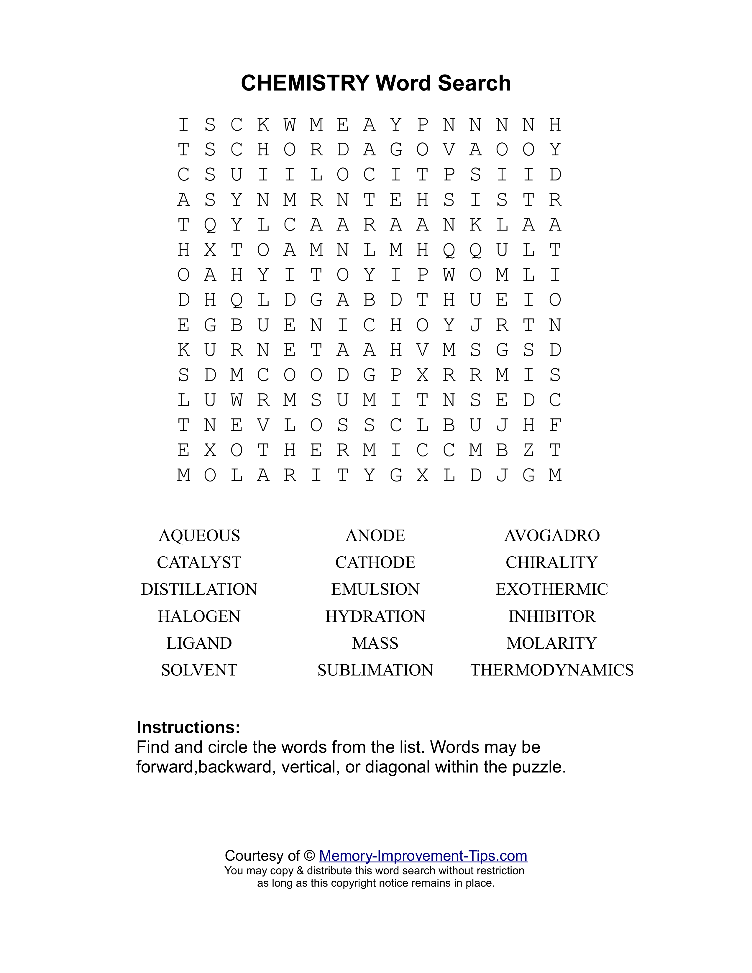 Chemistry word search printable puzzle