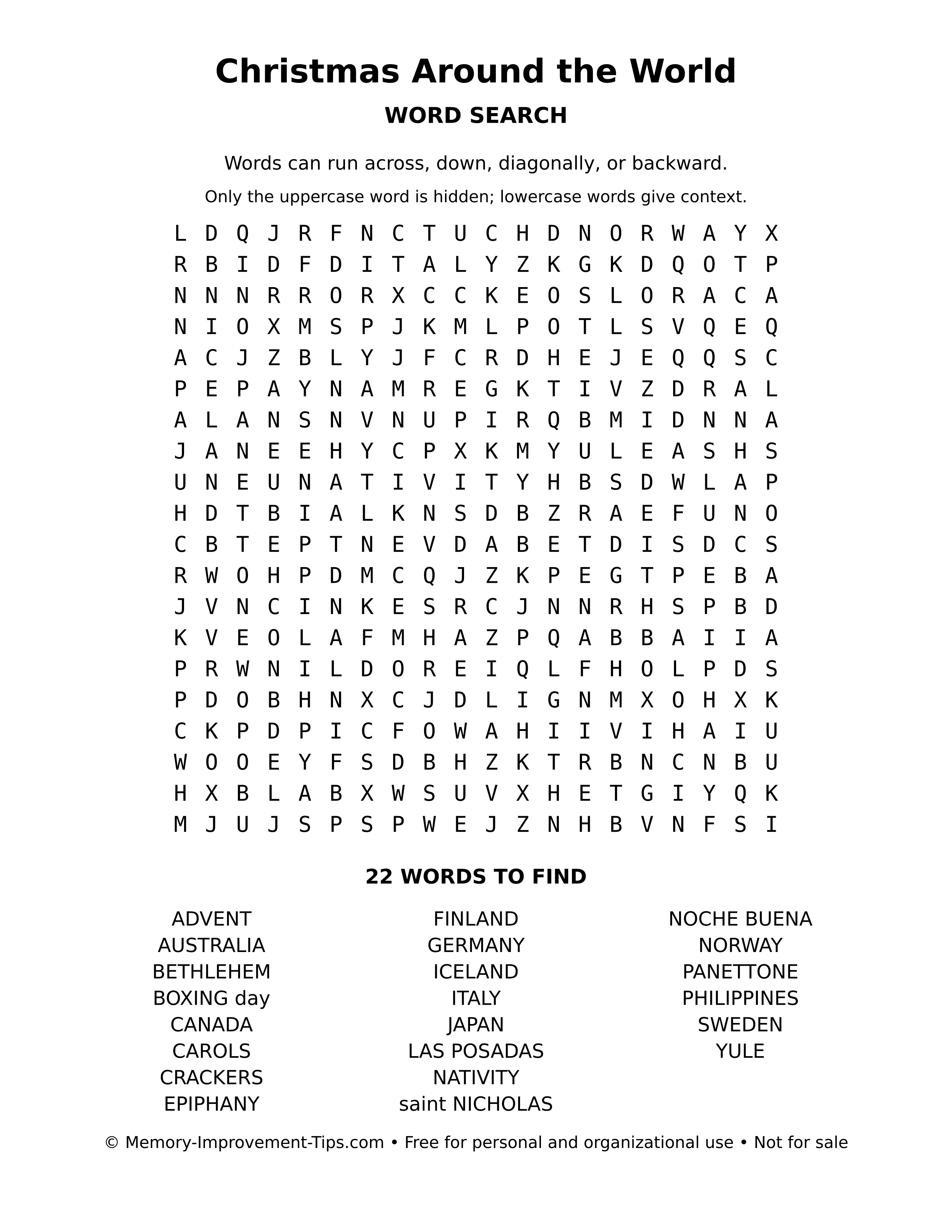 Printable puzzle: Christmas Around the World word search