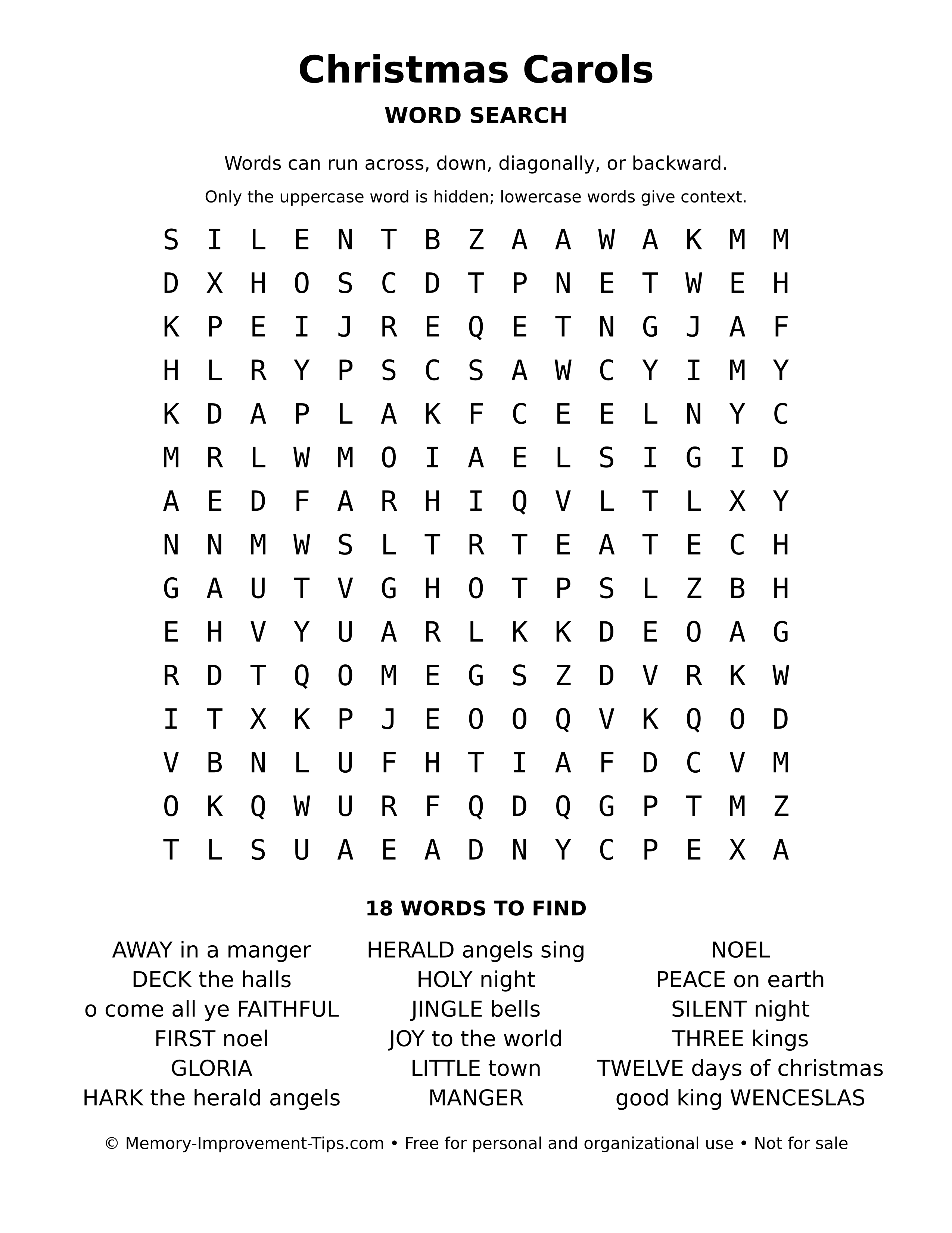 Printable puzzle: Christmas Carols word search