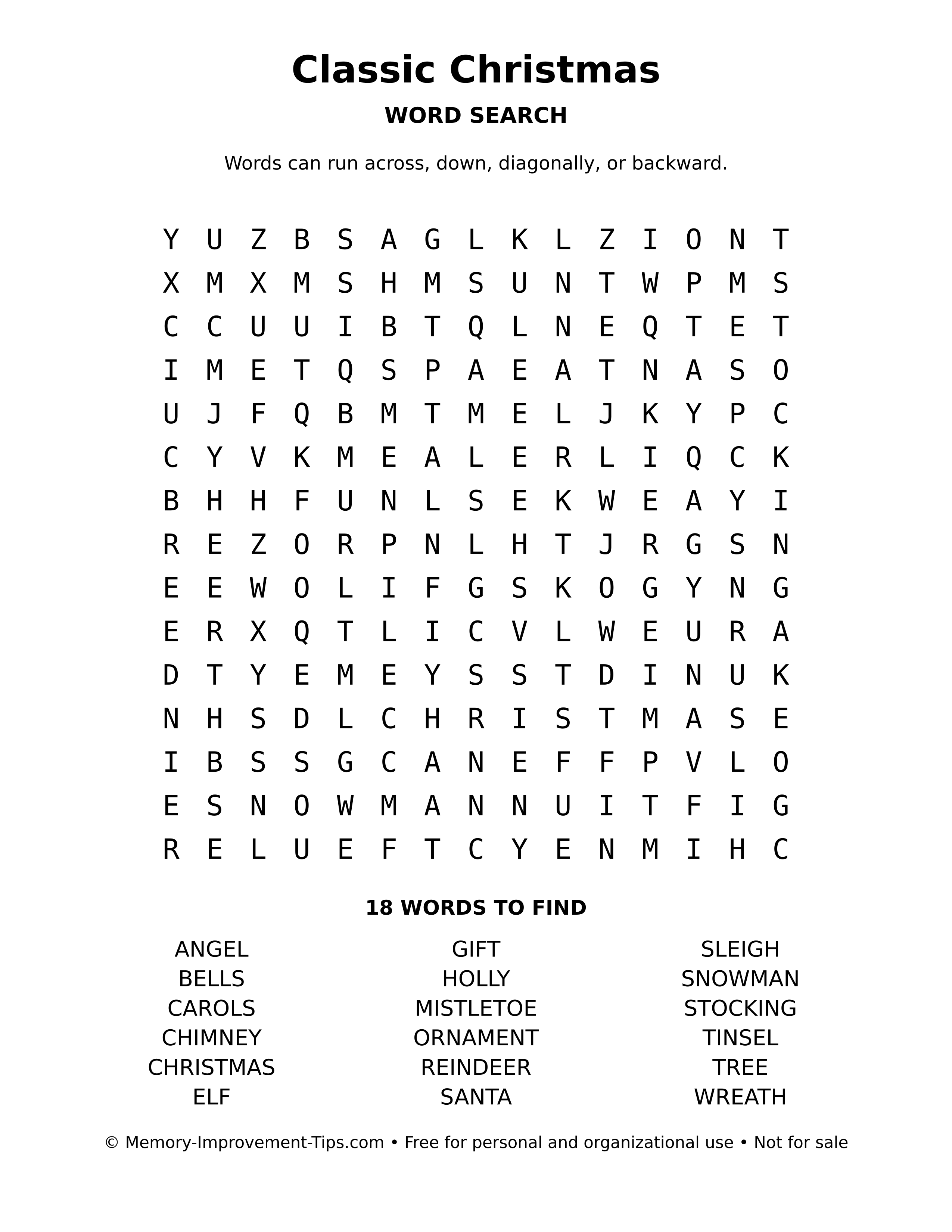 Printable puzzle: Classic Christmas word search