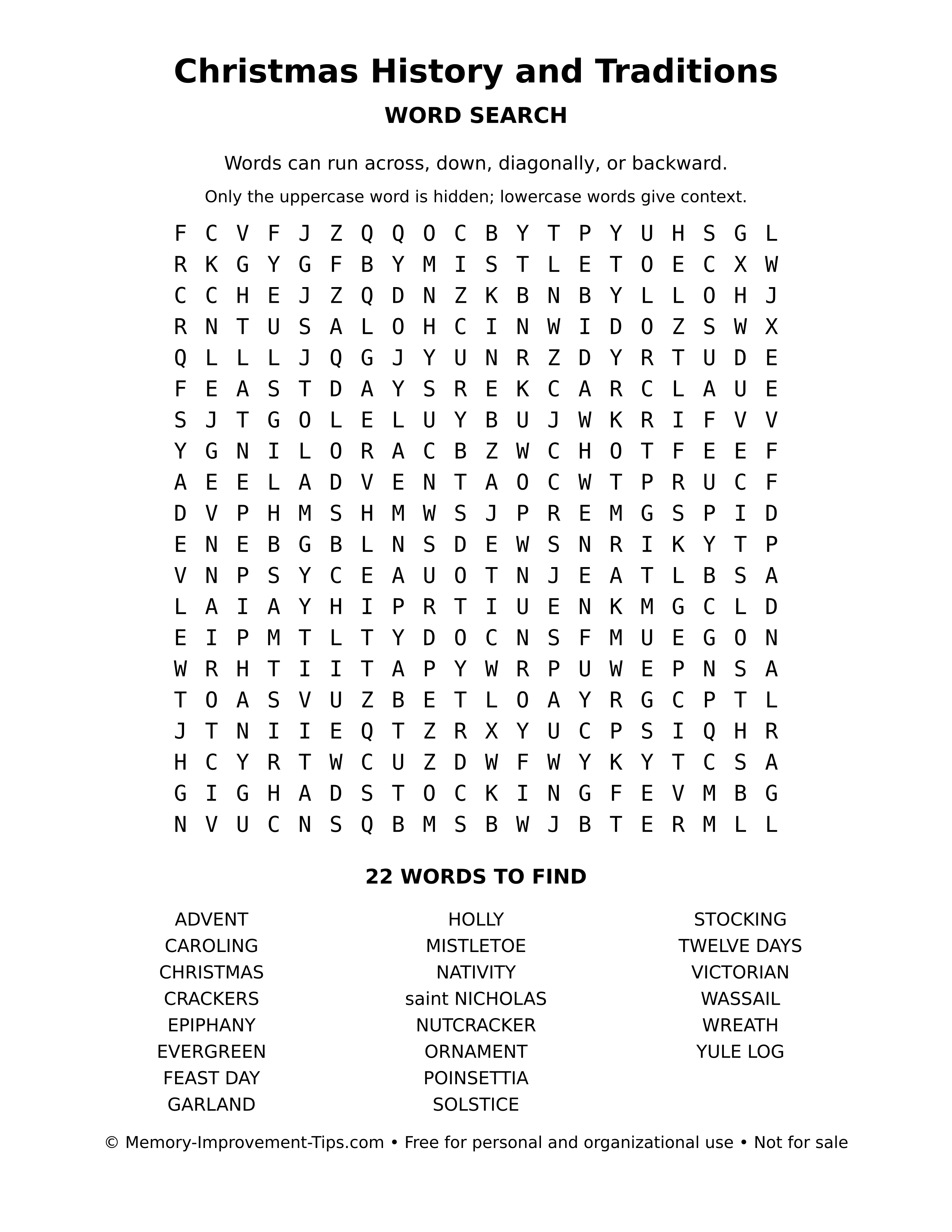 Printable puzzle: Christmas History and Traditions word search