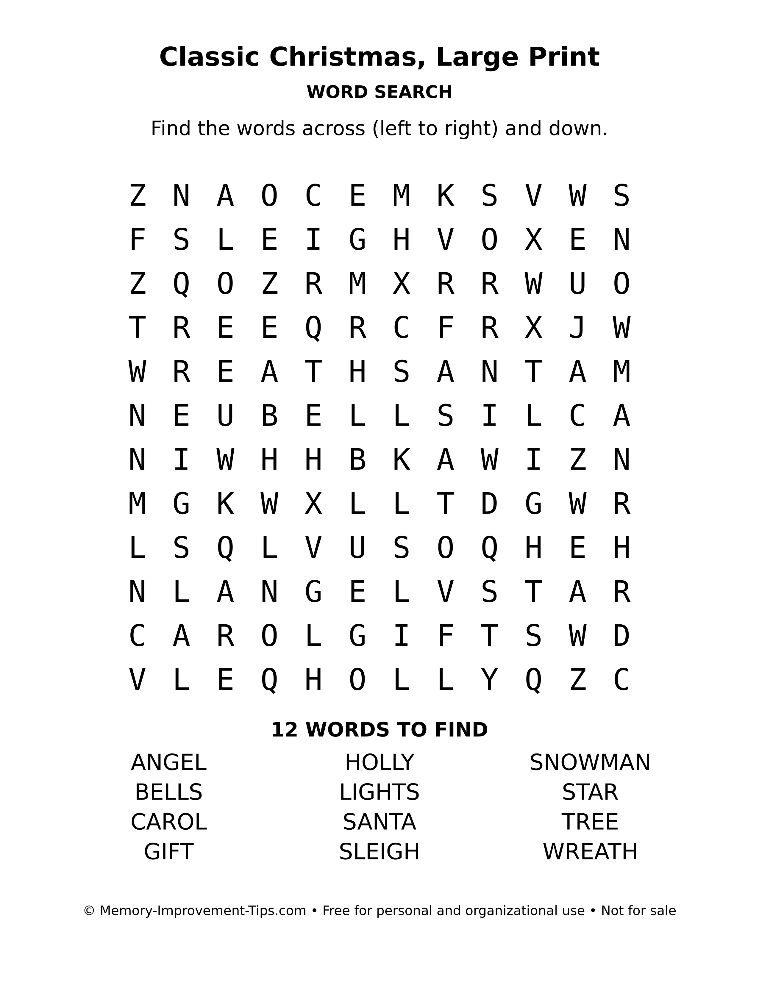 Printable puzzle: Classic Christmas, Large Print word search