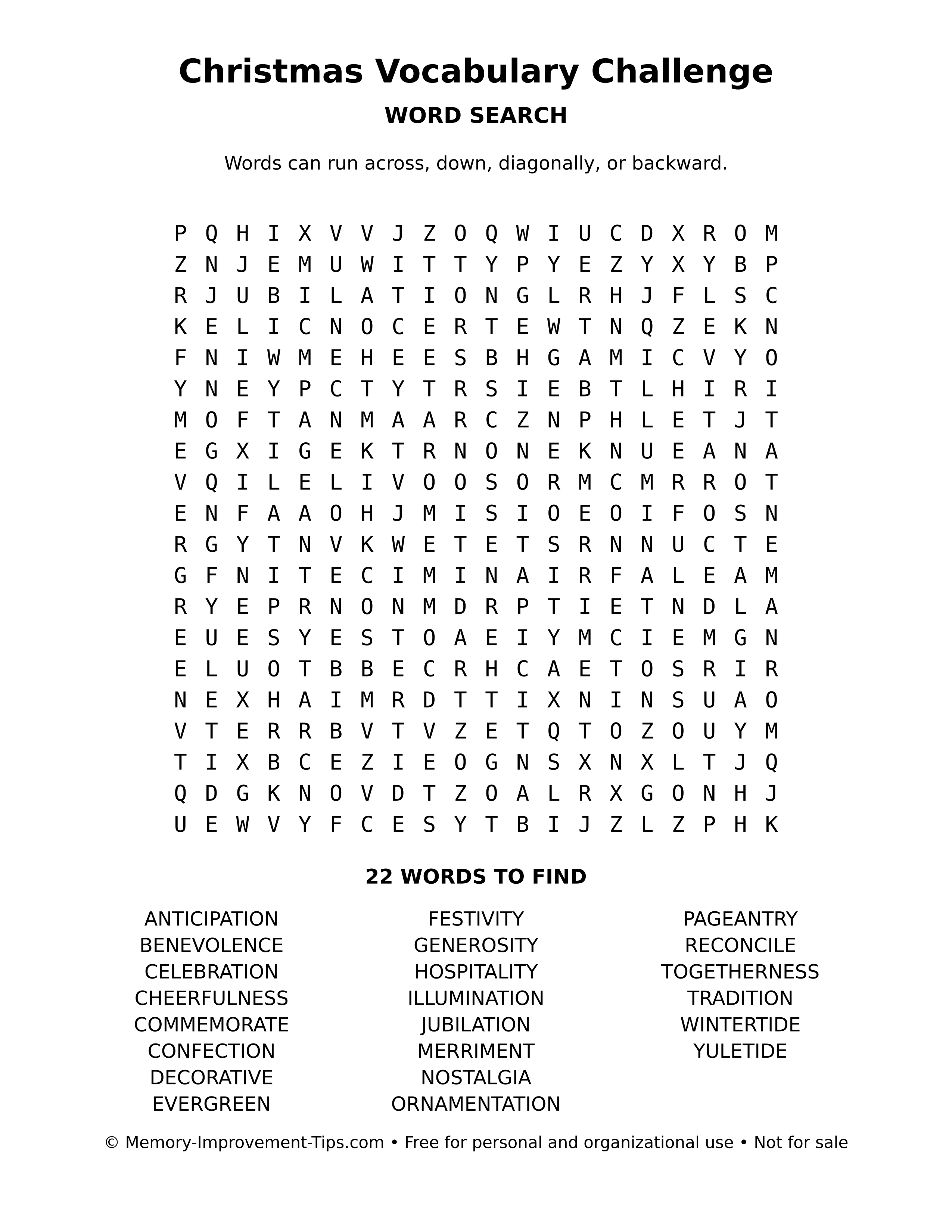 Printable puzzle: Christmas Vocabulary Challenge word search
