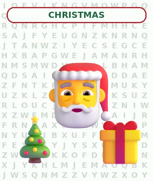 Santa, a Christmas tree, and a gift over a Christmas word search