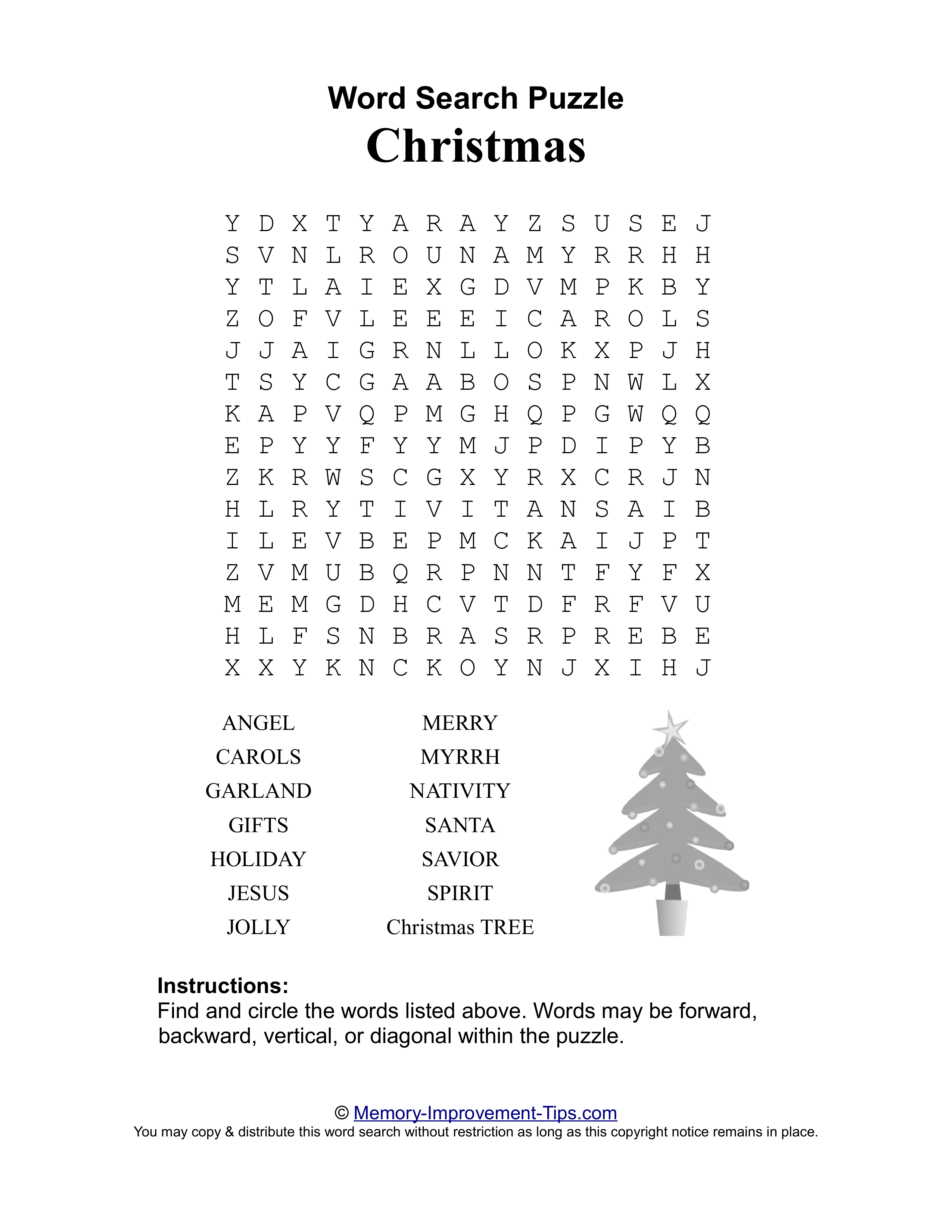 Christmas word search printable puzzle